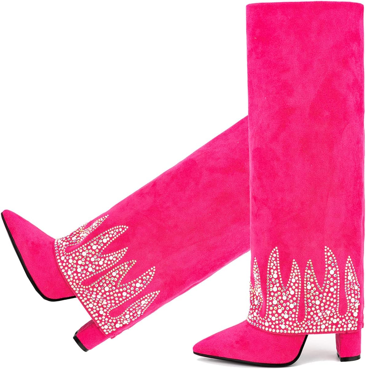 SHODENSE Women Chunky High Heel Knee High Boots Wide Calf Pointed Toe Fold Jeans Denim Boots Embroidered Rhinestone Trouser Leg Covered Long Boots Block Heels Pull On Tall Dress Boot Vintage 5-10 M US