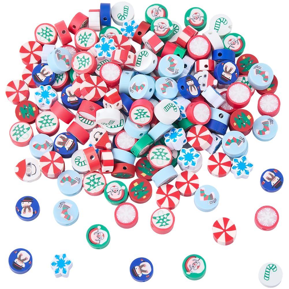 SUNNYCLUE 1 Box 200pcs 10 Styles Christmas Clay Beads Red and Green Clay Beads Mixed Snowflake Santa Claus Snowman Tree Polymer Clay Assorted Heishi Spacers for Jewellery Making Bracelets Necklaces