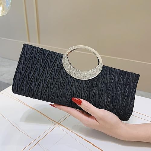 Miniatura 7 de Bolso de mano de satén plisado para mujer Bolso de noche con mango de diamantes de imitación Bolso largo formal para fiesta, novia, boda, baile