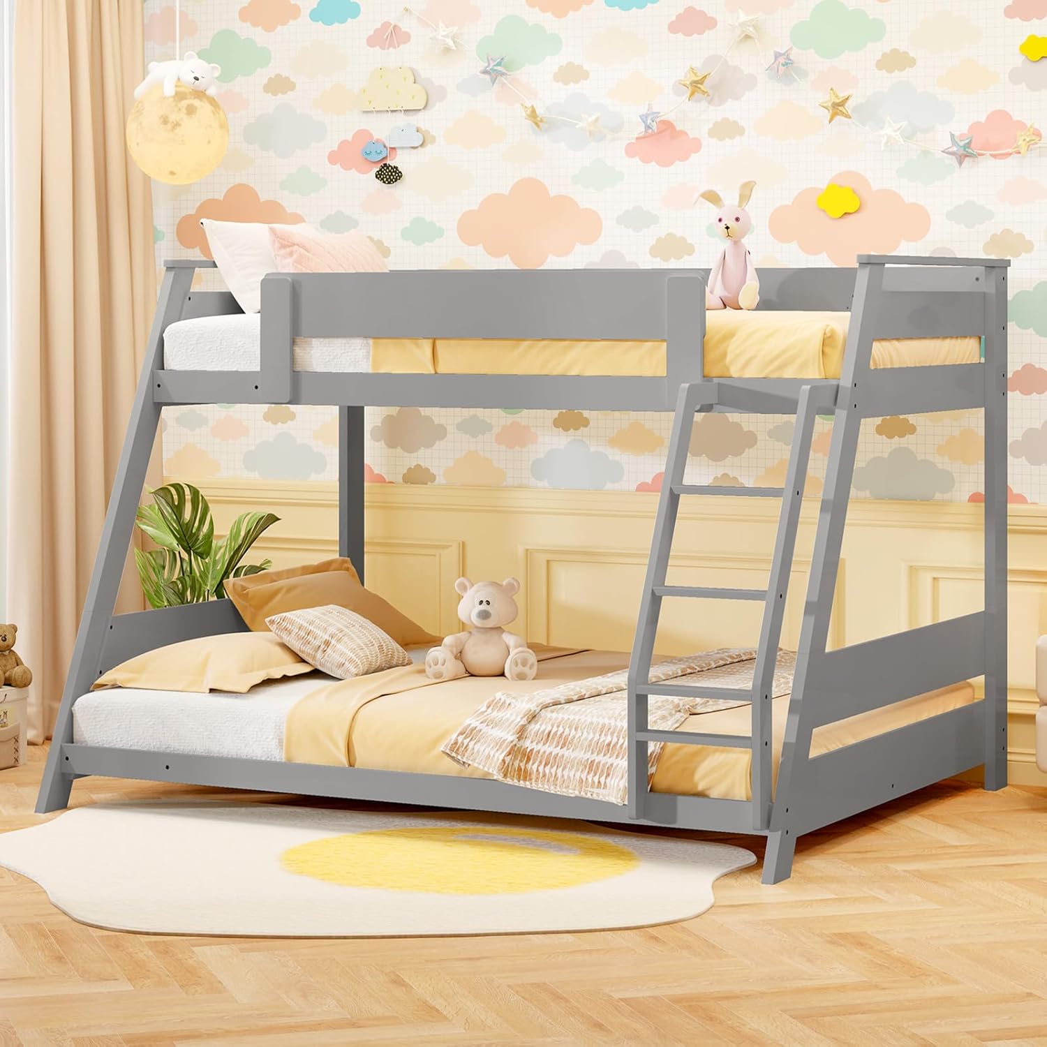 Bunk Beds Twin Over Full Size, Convertible Solid Wood Bunk Bed Frame with Detachable Ladder & Guardrails, Low Floor Bunkbed for Kids, Teens, Girls, Boys, No Box Spring Needed (Grey)