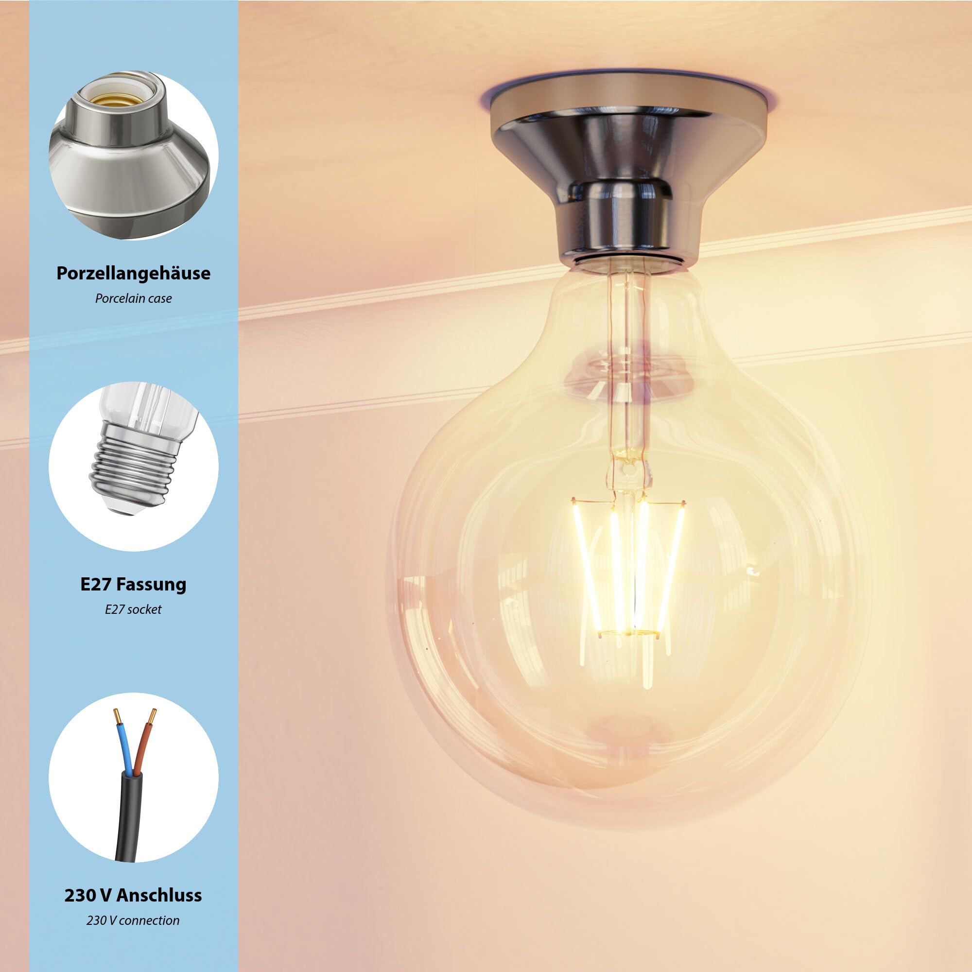 ledscom.de 8 lámparas de techo/portavelas ELEKTRA, porcelana, plata brillante, 1x E27 máx. 300 W