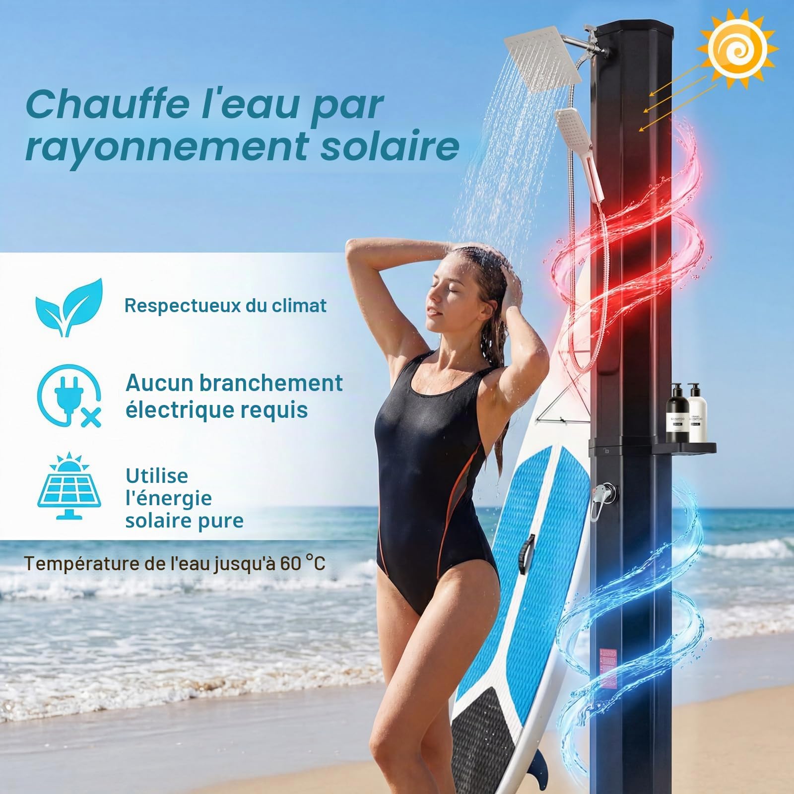 LIFERUN Douche Solaire 60L, Douche de Jardin Solaire, avec Pommeau de Douche, Douchette, Robinet et Housse de Protection, Eau Chaude jusqu'à 60 °C, sans Raccordement Électrique, pour Piscine Plage