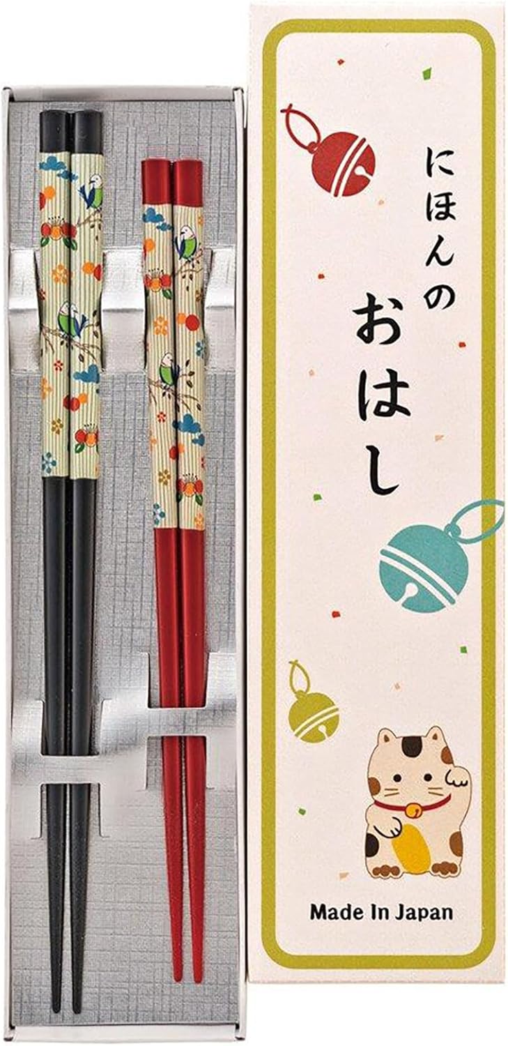 Sunlife S-02949 Chopsticks Natural Wood, Dishwasher Safe, Married and Wife Chopsticks, 9.1 inches (23 cm), 8.3 inches (21 cm), 2 Pairs Set, Gift, Suzunari Maneki Neko, Made in Japan
