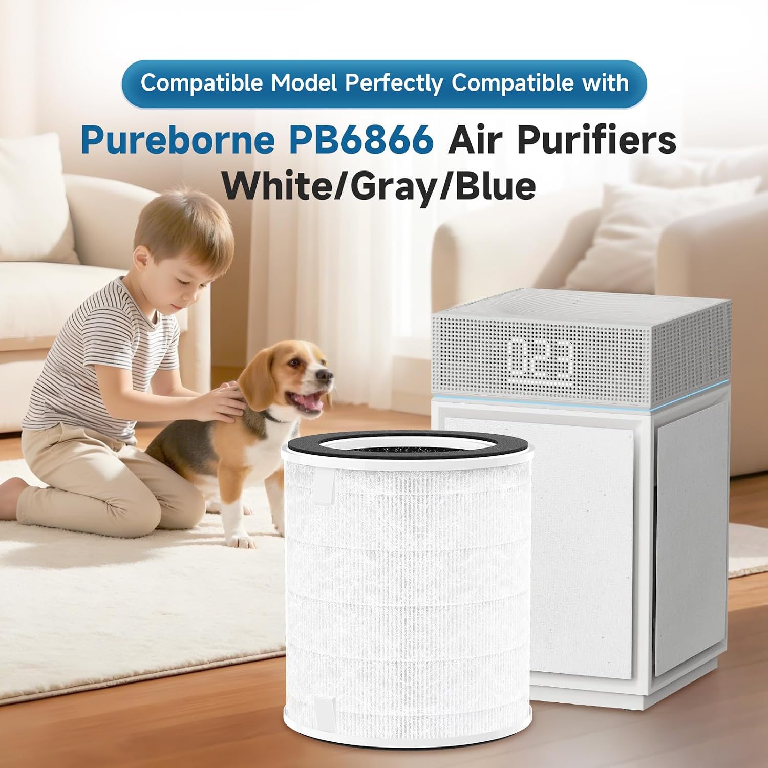 2 Packs PB6866 HEPA Replacement Filter Compatible with Pureborne PB6866 Air Purifiers for Bedroom Home Large Room up to 3600 Sq Ft
