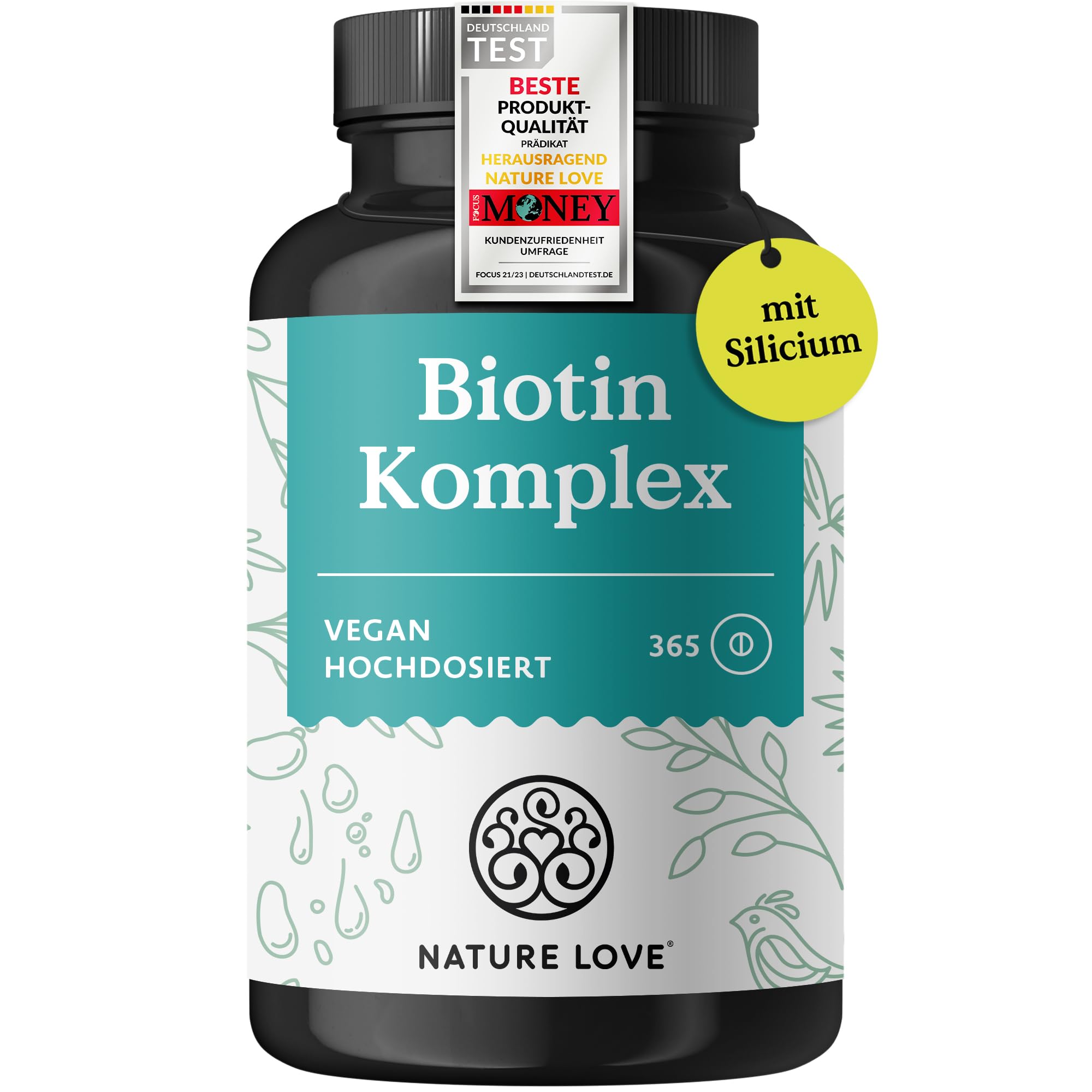 Nature Love Biotin Komplex - mit Zink, Selen, Silizium & Vitamin B5 - hochdosiert mit 10.000µg Biotin - 365 Tabletten für Haare, Haut und Nägel - Haar Vitamine im Jahresvorrat - vegan & laborgeprüft