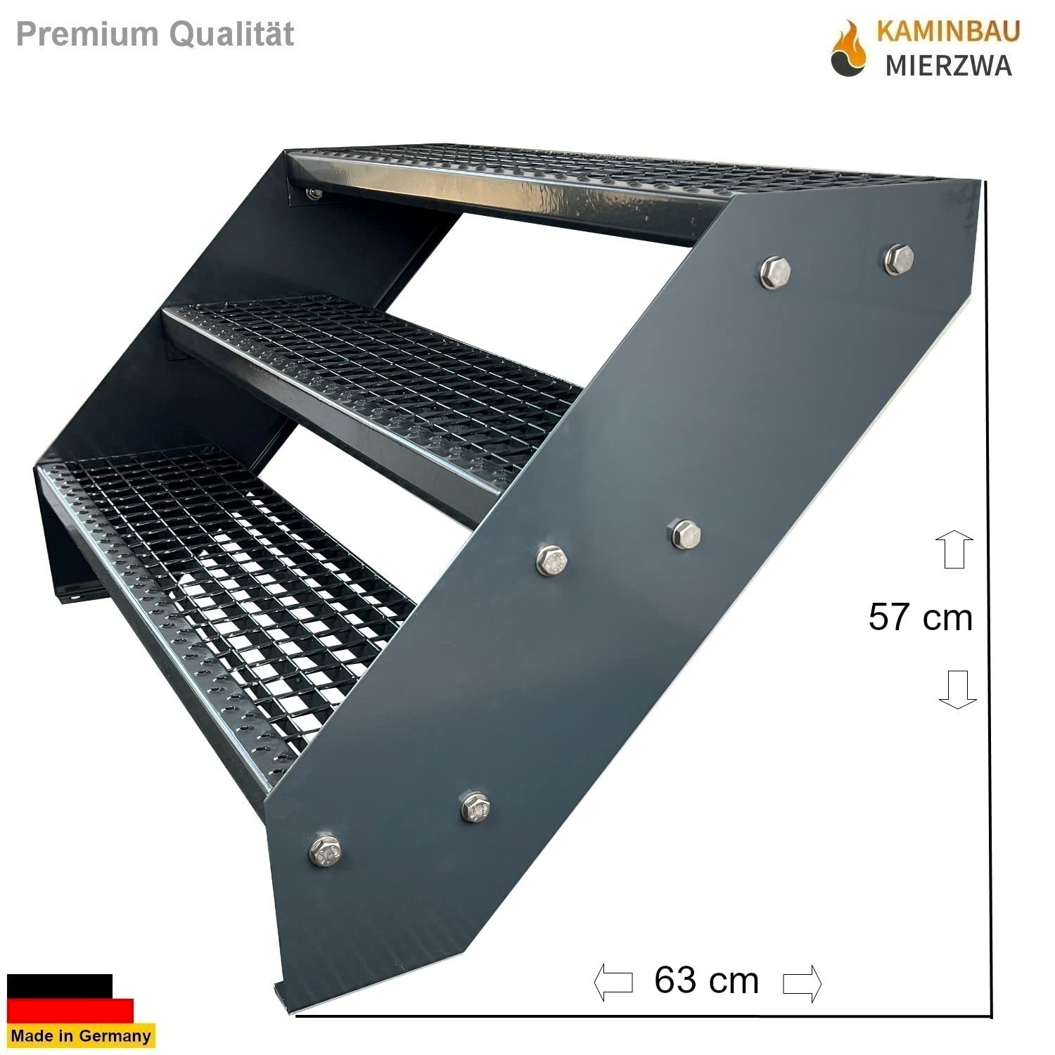 Premium Caillebotis acier Escalier à limon 3 Marches Entièrement galvanisé et Anthracite Revêtu par poudre - Dimensions (L x l x H) 63cm x 60cm x 57cm