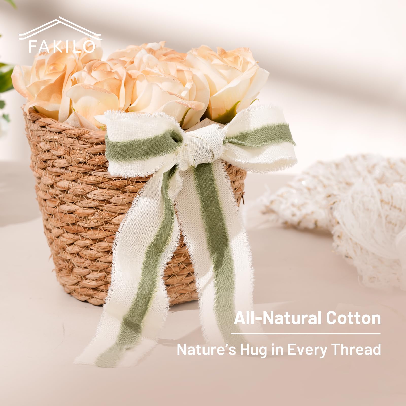 FAKILO Natural Rustic Cotton Ribbon with Frayed Edge, Sage Green 100% Cotton Ribbon 5/8"x 24yds for Vintage Wedding Bouquets,Invitations,Baby Shower,Gift Wrapping,DIY Crafts,Home Decor — view 5