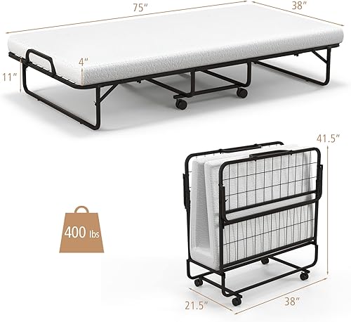 Miniatura 3 de GOFLAME Cama plegable con colchón de espuma viscoelástica, cama de invitados de tamaño individual con marco de metal resistente, cama plegable