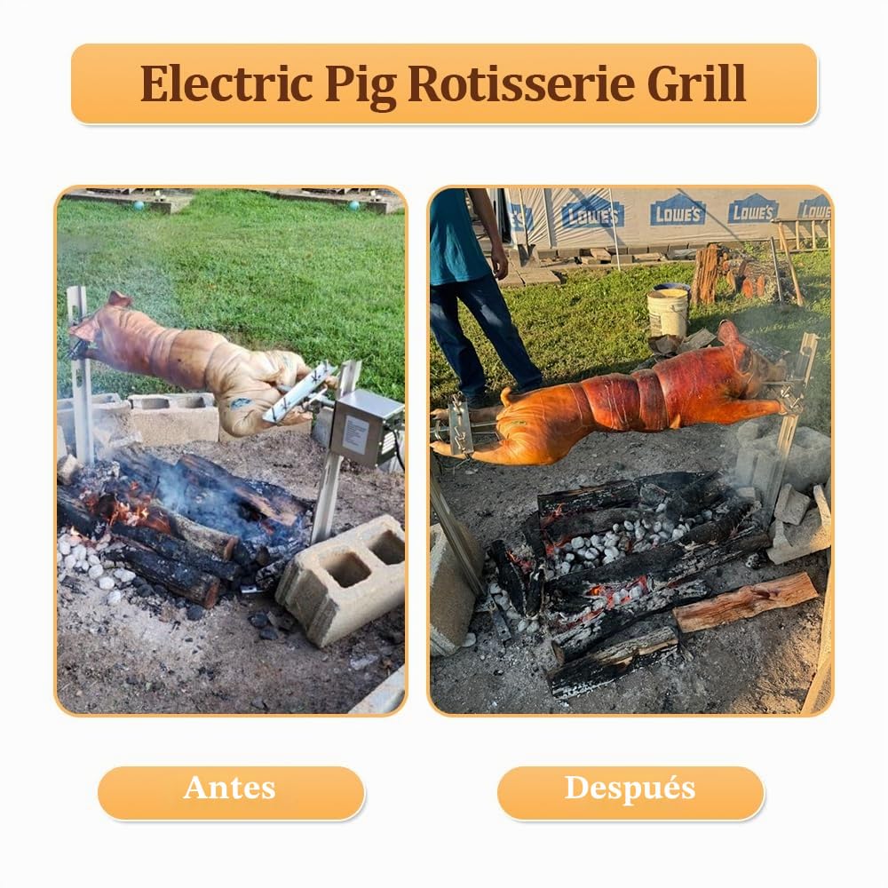 Asador Giratorio para Barbacoas Acero Inoxidable con Motor, Gira hasta 100 kg de Cerdo,Pincho Giratorio para Fogata, Camping, Jardín para cochinillos y corderos