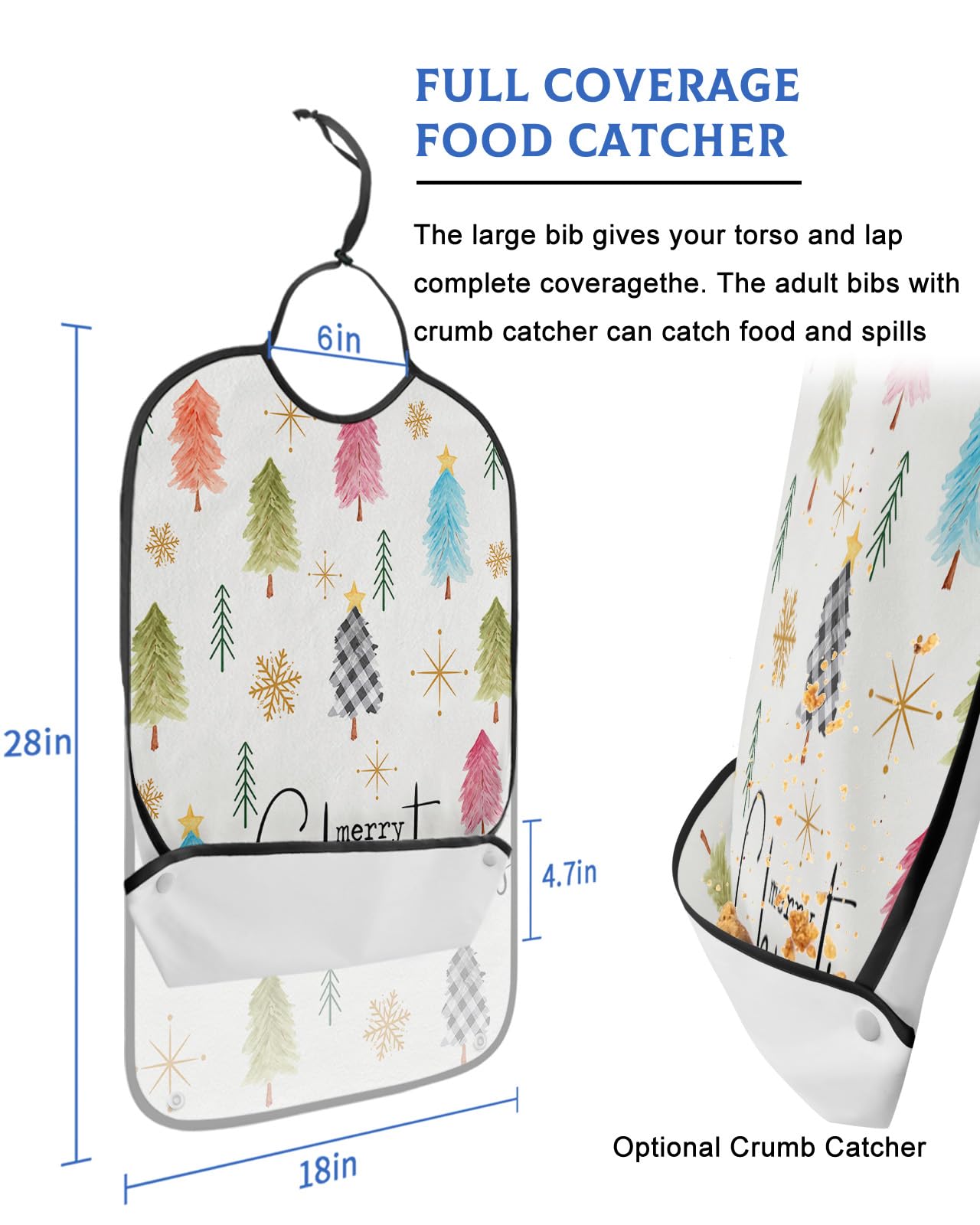 LEOKOTI Colorful Christmas Tree Adult Bibs for Eating, Waterproof Bibs with Food Catcher & Snap Closure, Xmas Tree Snowflake Merry Christmas Washable Clothing Protectors Adult Bibs for Elderly