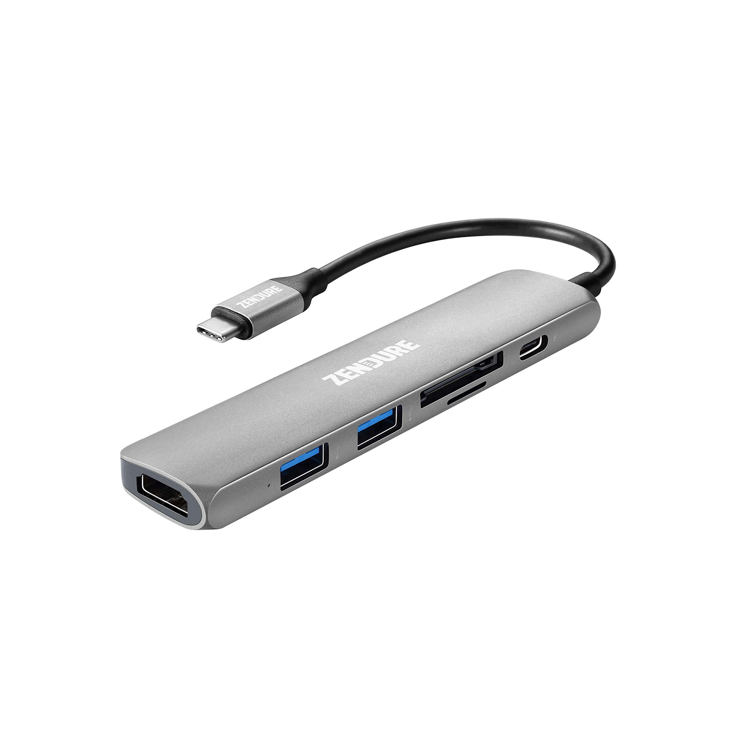 Zendure 6-in-1 Slim USB-C Charging Hub (Adaptador de aluminio con 4K USB-C a HDMI, Lector de tarjetas MicroSD/SD y 2 puertos USB 3.0, compatible con MacBook, iPad, Chromebook, XPS y muchos más), Plata