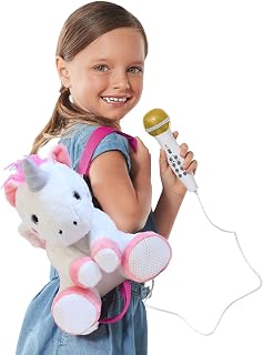 Singing Machine Sing Along Crew Uni Queen Portable Kids Karaoke Plush Backpack Mic - Speaker, Songs, Recorder (White/Pink)