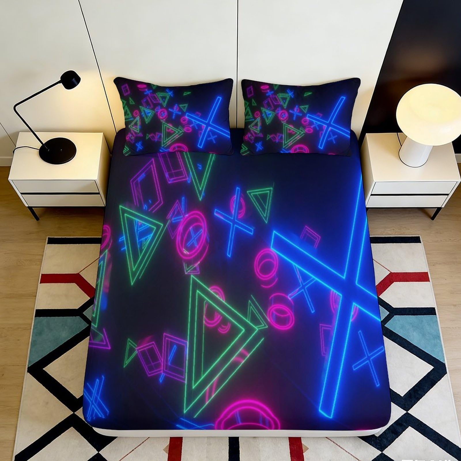 Pnayamiorkfel Style-10 3D Printed Neon Geometric Fitted Sheet Microfiber Soft Breathable Abstract Gamer Mattress Cover For Bedroom Dorm Use 90X200x25cm