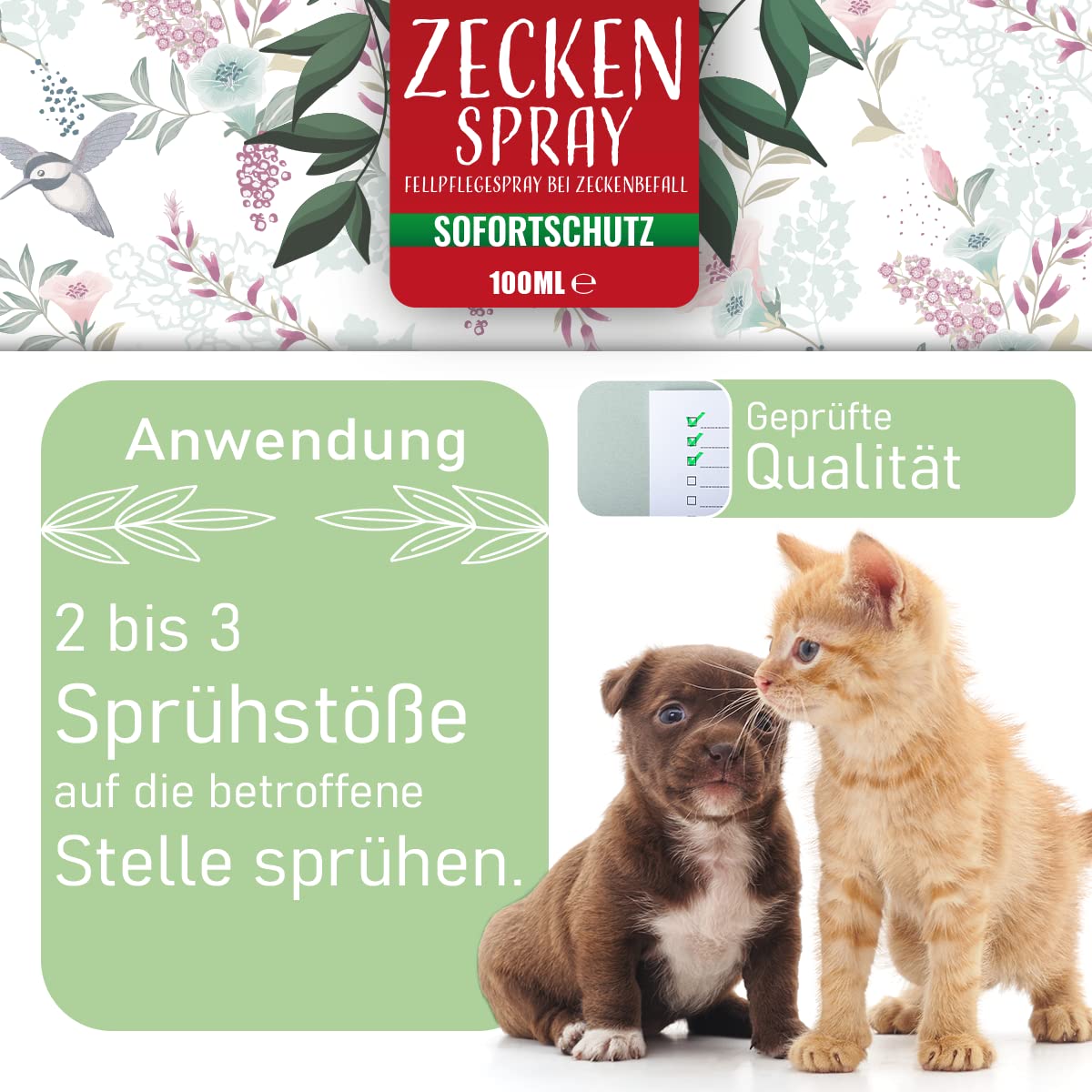 Nature Animal® 2X ZECKENSCHUTZ Spray für Hunde + Katzen mit Sofortwirkung – ZECKEN Abwehr für Ihr Haustier – natürliche Behandlung hochwirksam