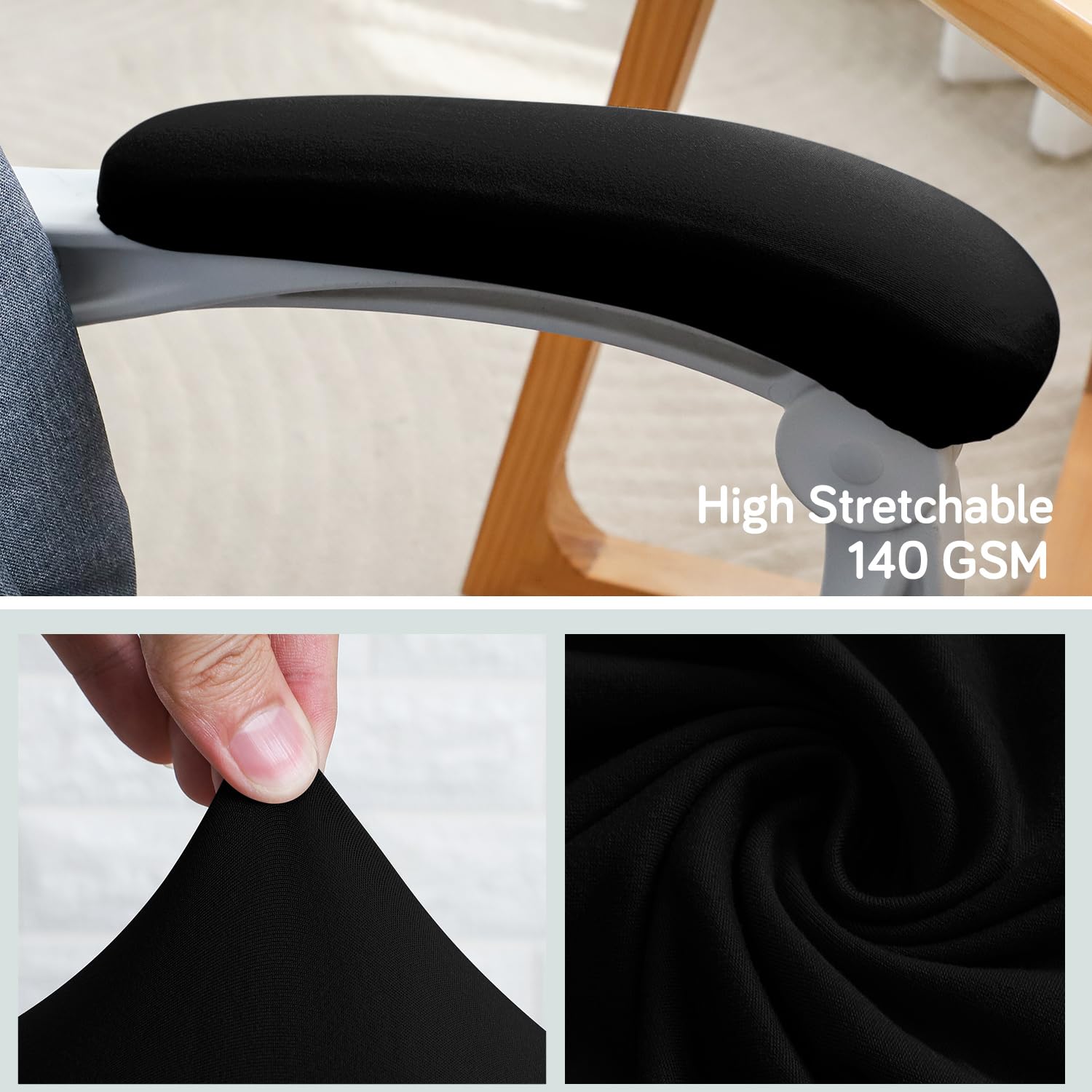 HOKIPO 'SereneSolids' 140 GSM Armrest Covers for Office Chair (Elastic Style), 1 Pair, Black (AR-5933-BLK) 3