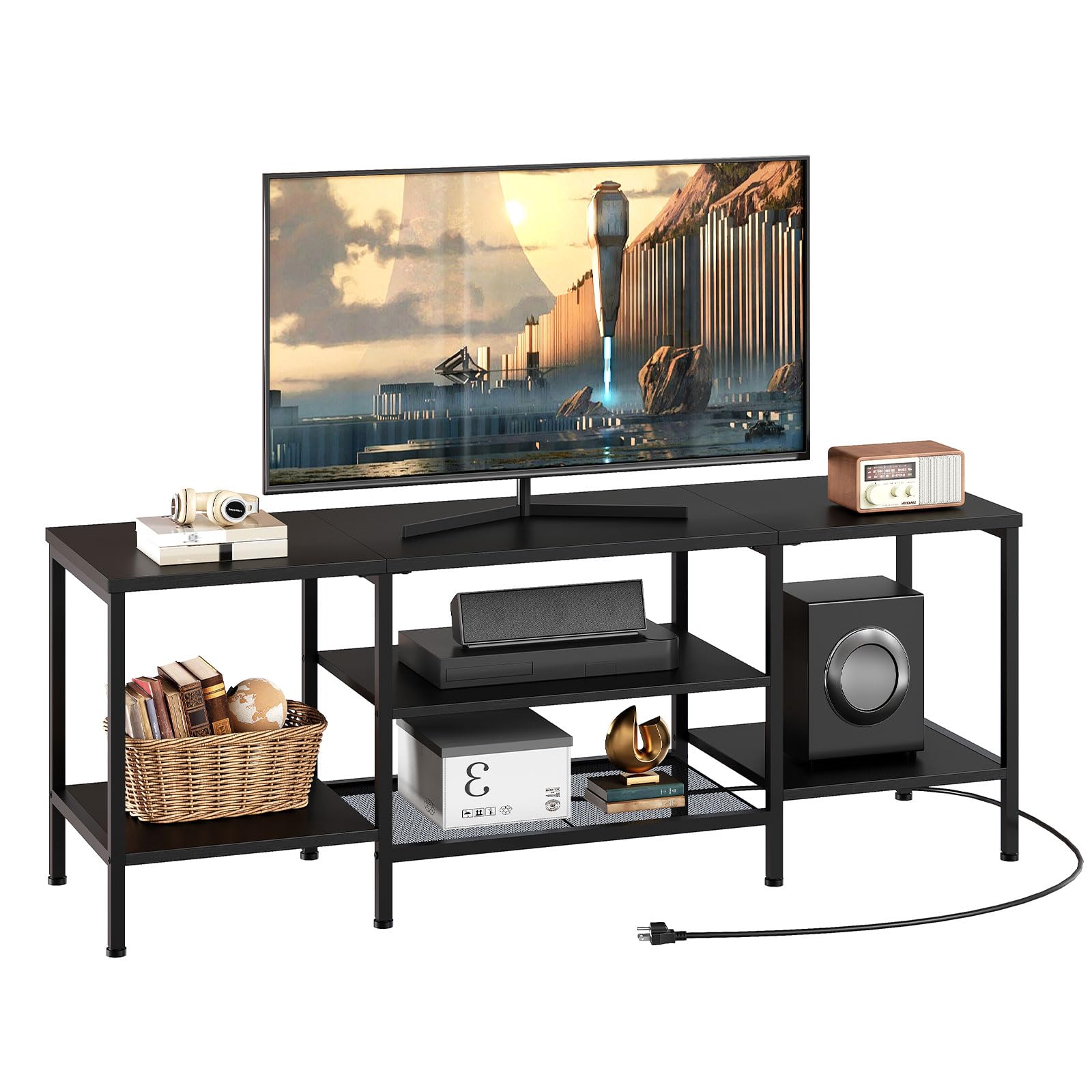 HOOBRO TV Stand with Power Outlets to 65 Inches, TV Console Table with Open Storage Shelves, Industrial Media Entertainment Center for Living Room Bedroom, Black BB40DS01