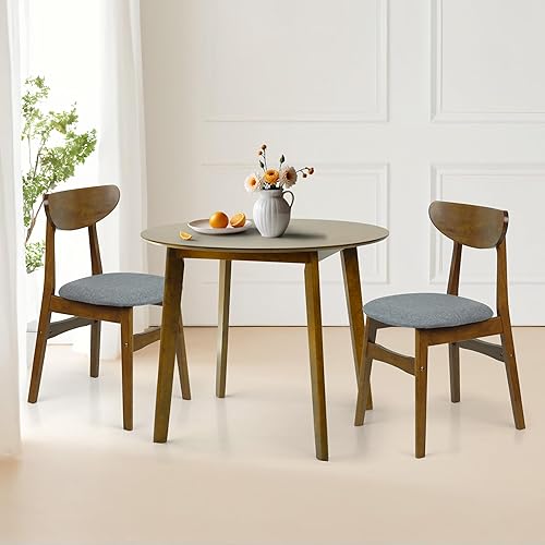 Miniatura 3 de Wickerix Juego de 3 mesas redondas de cocina y 2 sillas auxiliares Yumiko de madera maciza con asiento acolchado, color marrón medio Marrón