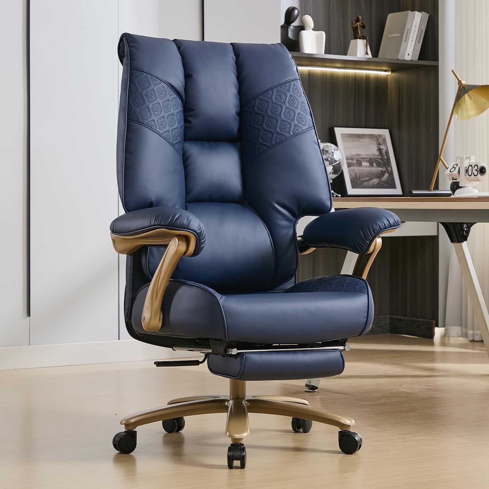 EXCEBET XXL Bürostuhl bis 200kg belastbar, Ergonomischer Chefsessel mit Federkern & Formschaum, Extra breiter Schreibtischstuhl mit Fußstütze, Drehstuhl für langes Sitzen (Blau)