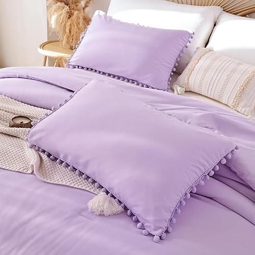 Miniatura 5 de YIRDDEO Juego de edredón de 3 piezas, color morado lavanda, tamaño matrimonial, diseño de flecos y pompones, juego de ropa de cama lujoso y bohemio