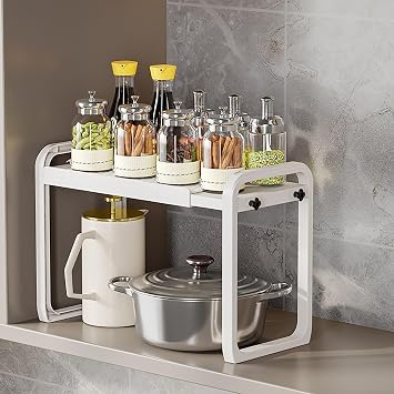 2-Tier Kitchen Counter Organizer Shelf Stand, Kitchen Cupboard Organiser Adjustable,Expandable Storage Rack Shelf Extendable,Microwave Oven Shelf Countertop Kitchen,White,1 Year [Energy Class A]
