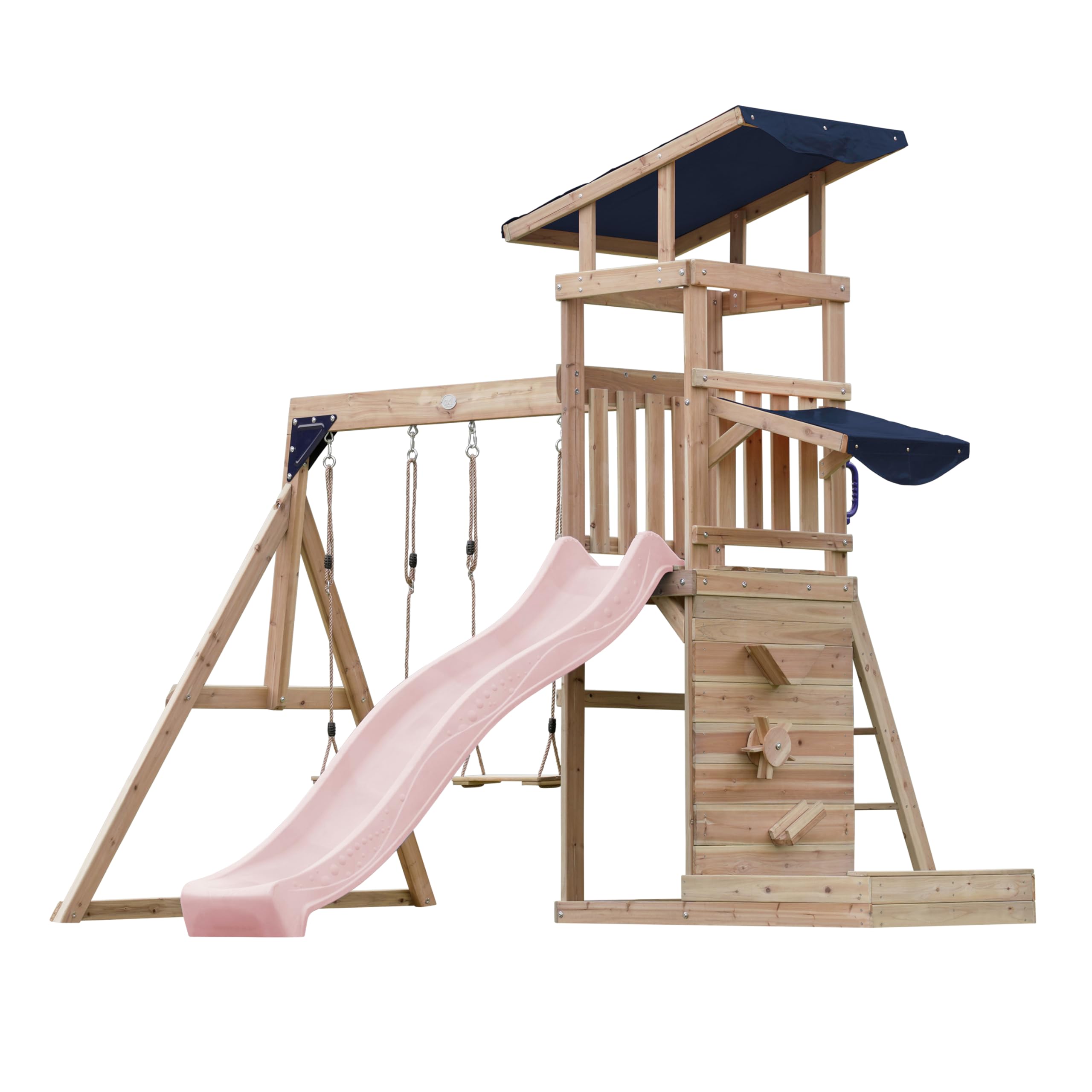AXI Malik Spielturm aus Holz mit 2 Schaukeln | XXL Spielhaus/Spielplatz für Kinder mit Sandkasten, Spielwand & Rutsche in Pastellrosa | Schaukelgerüst für den Garten