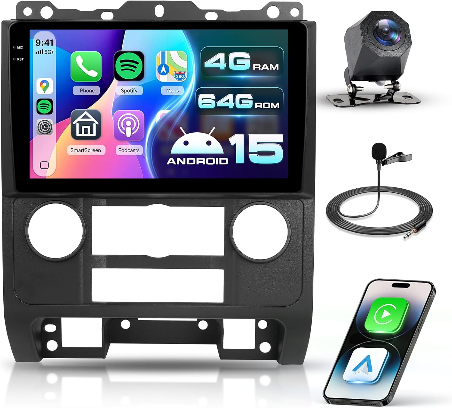 【Android 15/4G+64G】 Car Radio for Ford Escape 2007-2012/Mazda Tribute 2007-2012 with Wireless CarPlay/Android Auto,9 inch in-Cell Touch Screen car Stereo with 5Ghz-WiFi Bluetooth5.0 GPS Backup Camera