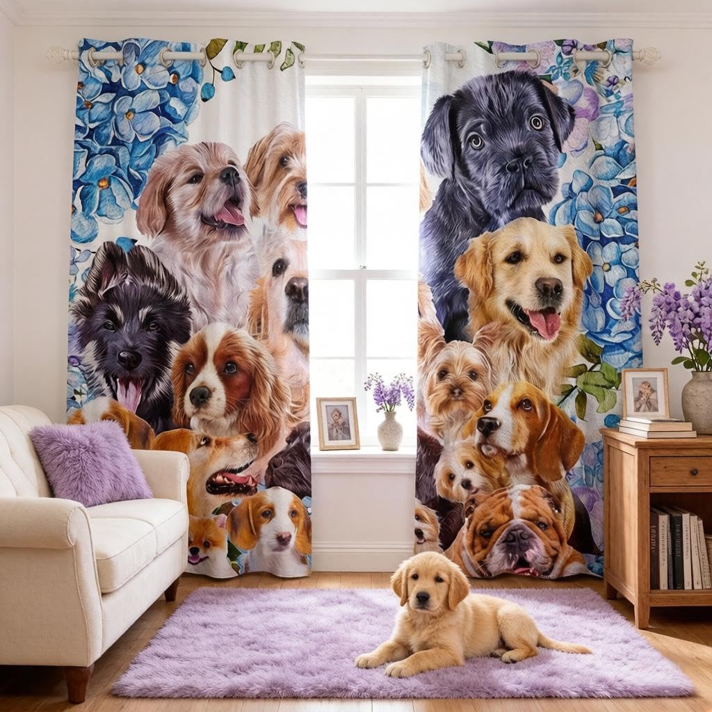 Cute Puppy Dog Windows Drapes Cartoon Pet Pug Dog Bulldog Curtains Girls Dog Lover Animal Pattern Design Window Curtains for Bedroom Living Room Various Puppy Window Treatments,W66*L90 โ image 1