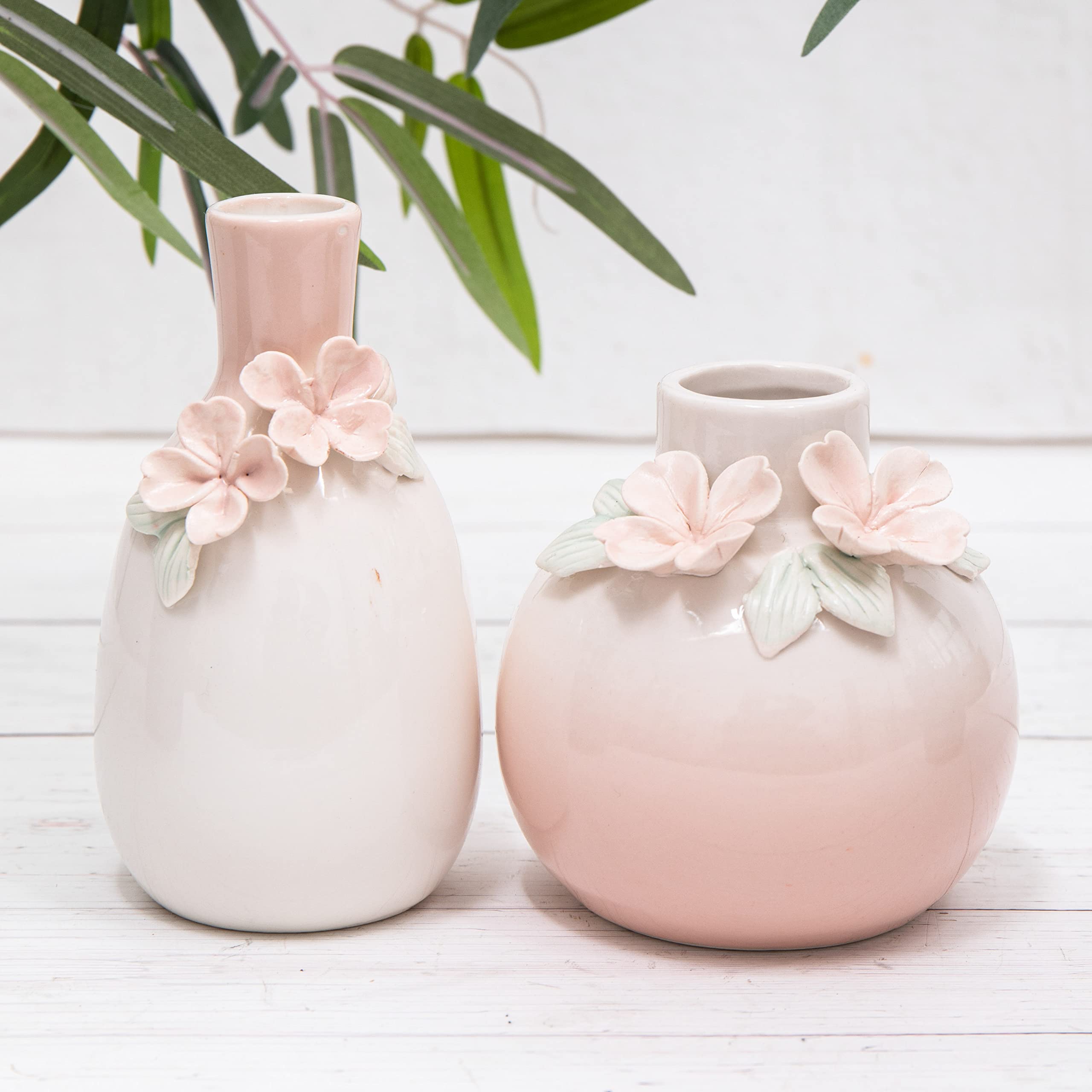 Set of 2 Vintage Pink& Cream Ombre Floral Small Glazed Ceramic Flower