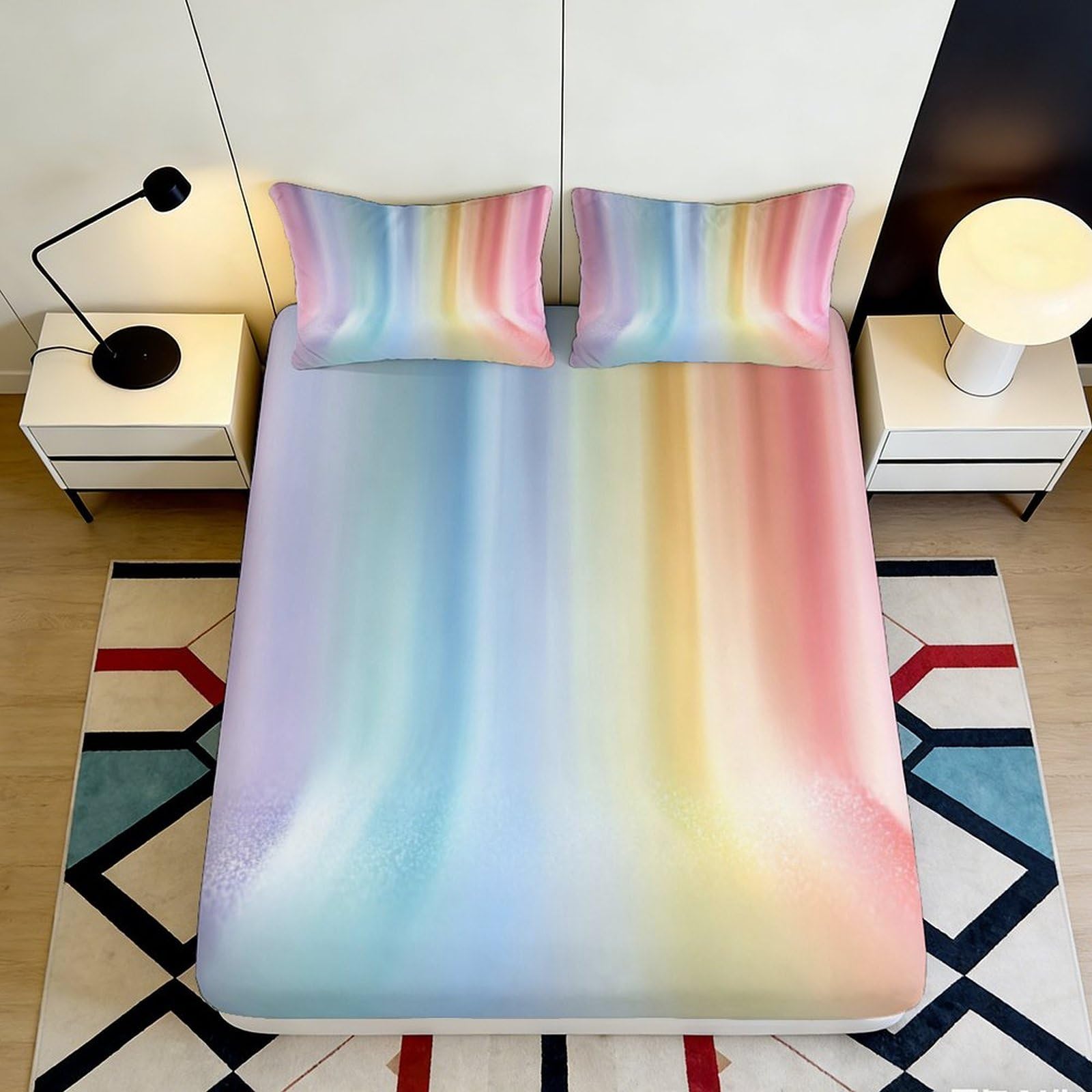 3D Printed Rainbow Gradient Fitted Sheet Microfiber Soft Pastel Stripe Mattress Cover for Bedroom Guest Room Decor 90x200x25cm