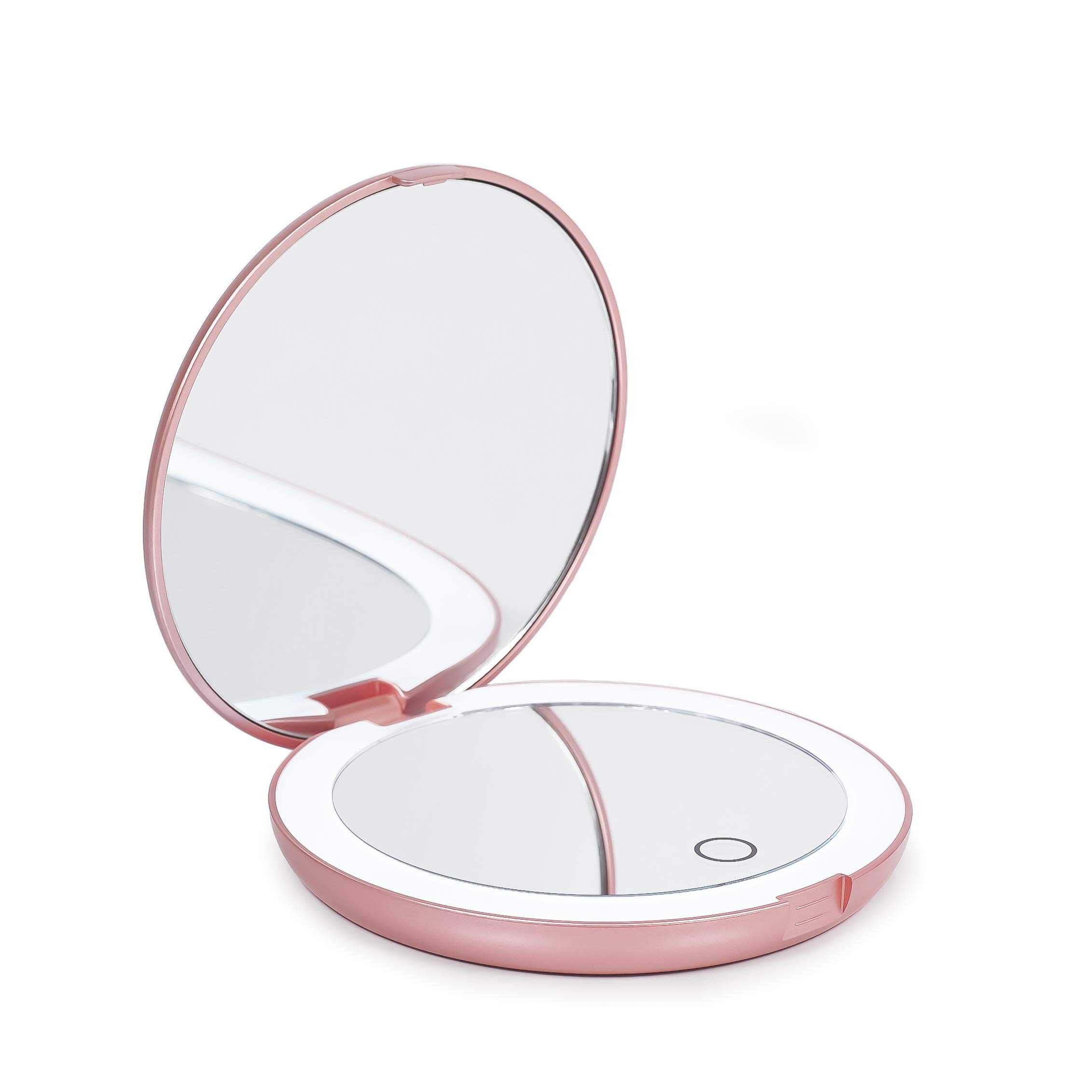 LUNA London Compact Travel Mirror | Travel Makeup Mirror with Light | LED Lighted Vanity Mirror with 3 Light Modes | 7X Magnification Folding Portable & Rechargeable (Rose Gold)