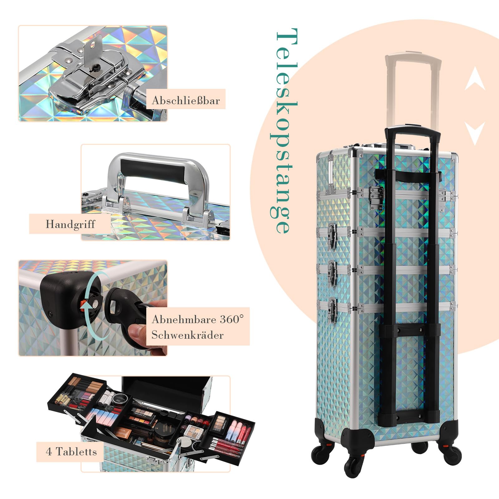Kosmetikkoffer Trolley 4-in-1 Groß Make up Koffer mit Rollen Alu Beauty Case Aquamarin
