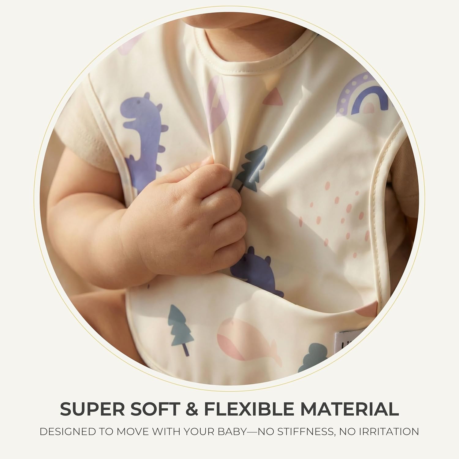 Waterproof Baby Bibs for Eating 3-Pack | Toddler Bibs with Food Catcher | Machine Washable Bibs, Lightweight | Toddlers 6-36 Month, CPSIA Tested, Dinosaur Animal Design (Cream White Beige)