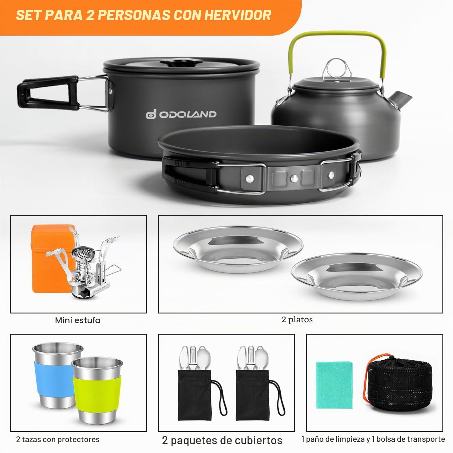 Odoland Kit de utensilios de cocina de camping con estufa plegable para 2 personas, juego de ollas antiadherentes con tazas de acero inoxidable, platos, tenedores, cuchillos, cucharas para cocinar al aire libre y picnic