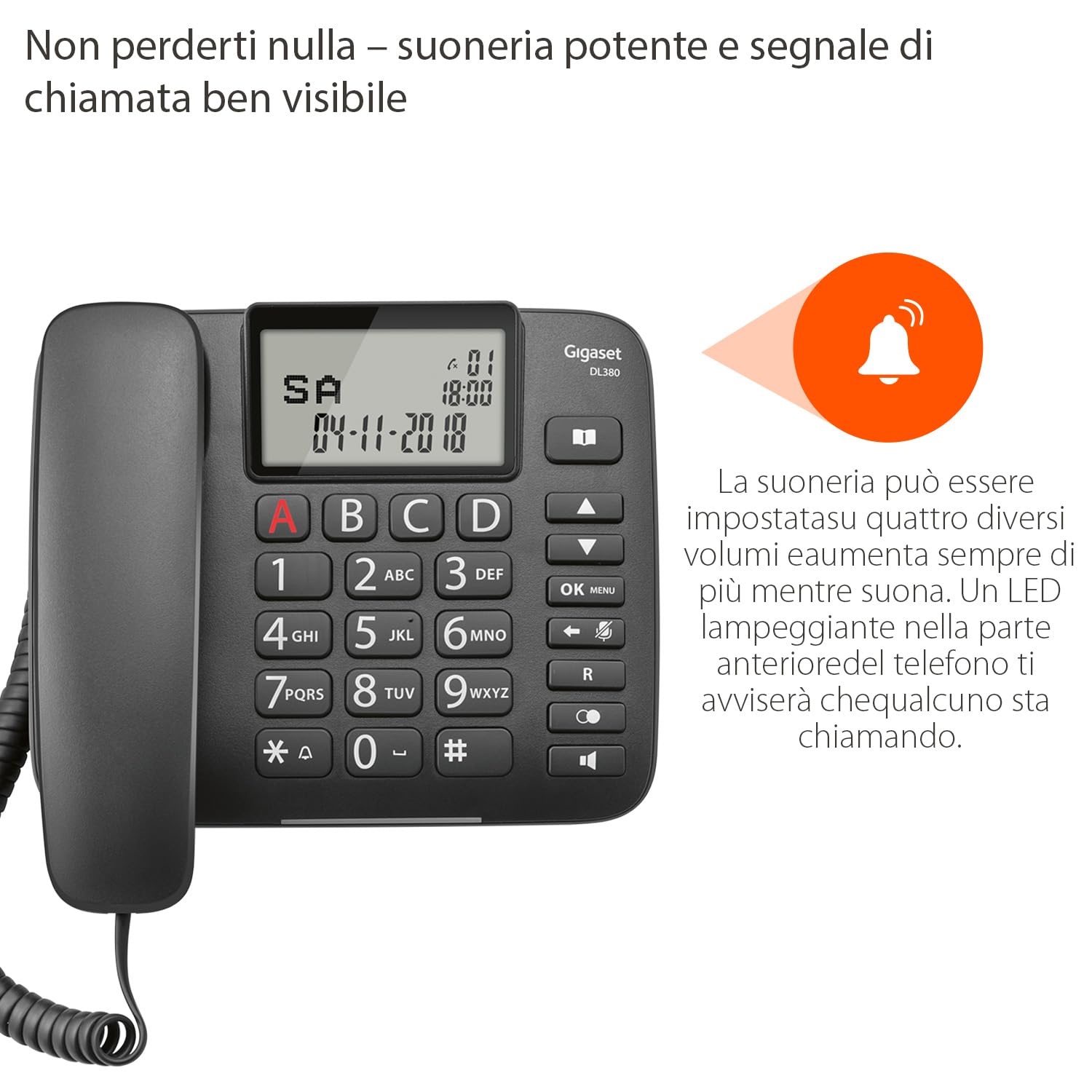 Gigaset DL380 - Un Telefono Facile da Usare con Tasti Grandi - 4 tasti di selezione diretta programmabili (A - D) - Rubrica, Nero [Versione Italiana]