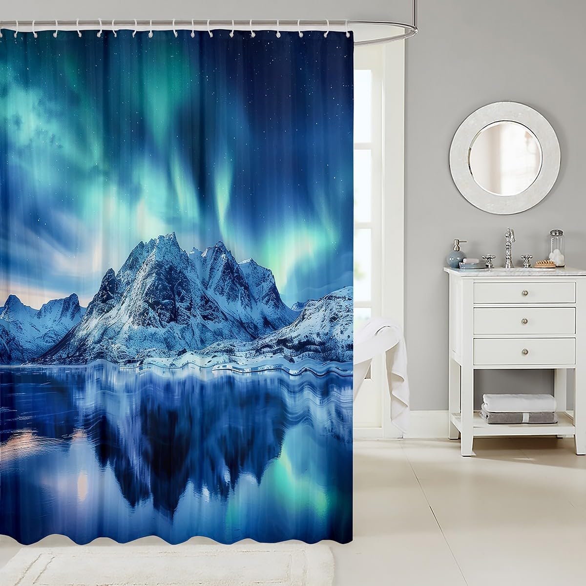 Aurora Bath Curtain Galaxy Starry Sky Aurora Bathroom Shower Curtain Set Mountain Landscape Shower Curtain for Stalls Bathtubs Natural Scenery Art Waterproof Bathroom Curtains Room Decor 72x78 Inch