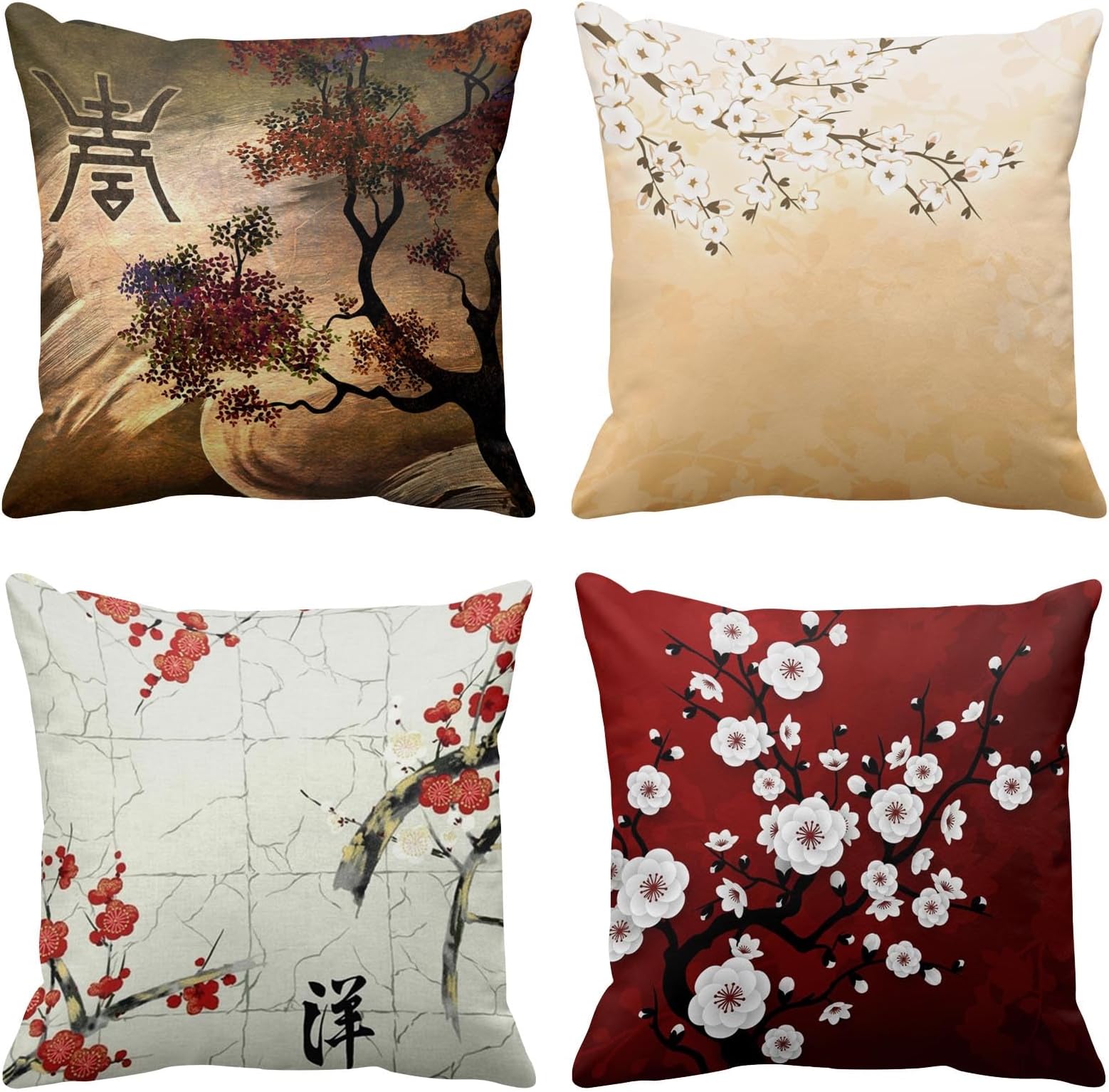 ArtSocket Set of 4 Throw Pillow Covers Japanese Tree Eastern Nature Home Flowers Cherry Blossom Beige Cream Decorative Pillow Cases Home Decor Square 18x18 Inches Pillowcases