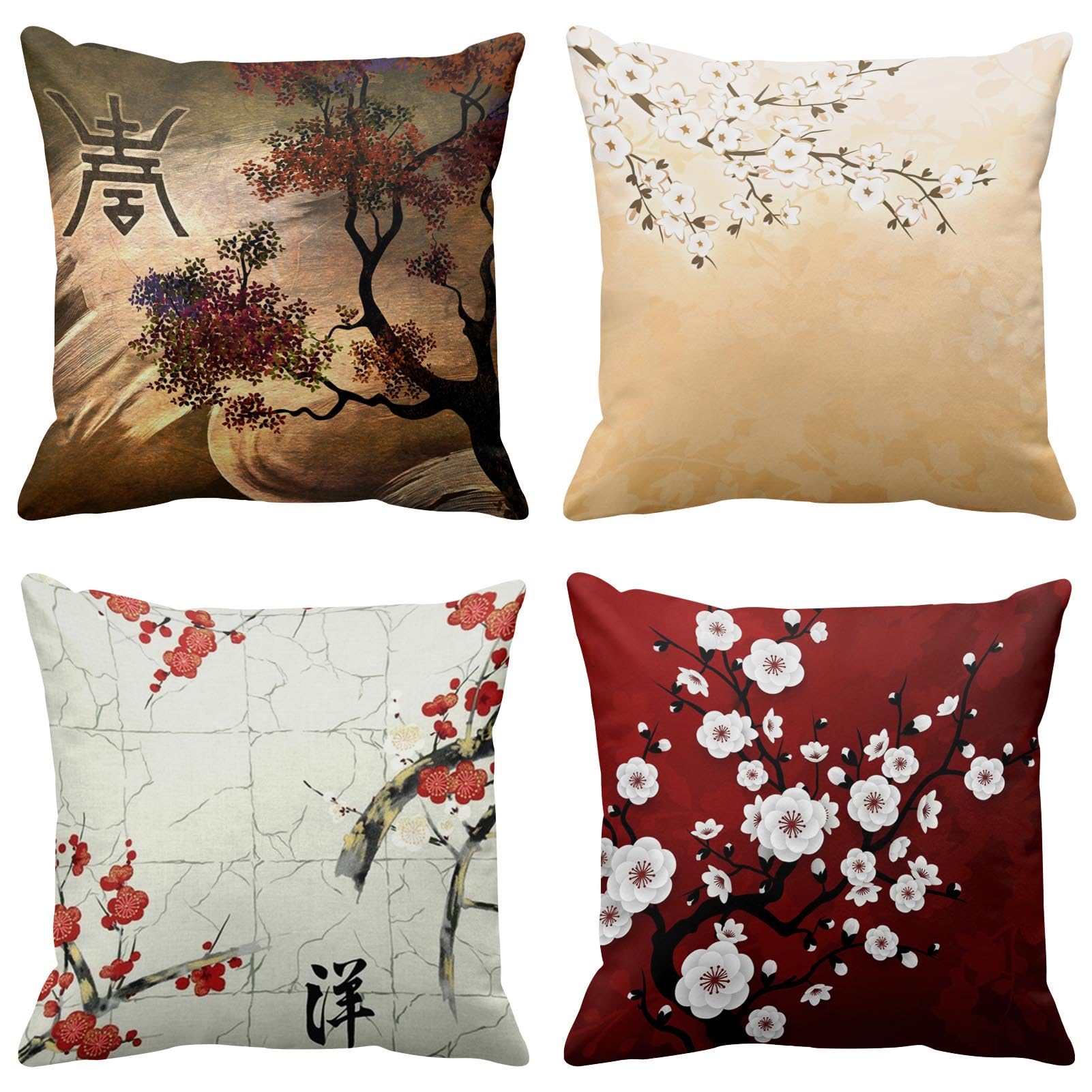 Housse de coussin nature orientale lin beige taie fleurs cerisier
