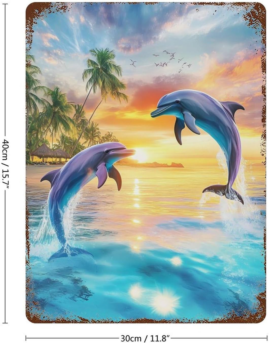 Dolphin Sunset Metal Signs Vintage Iron Tin Hanging Plate Wall Art with Rusted for Home Kitchen Garden Decor