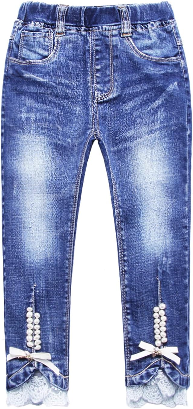 Girls Stretch Jeans with Machine-Secured Pearls, Lace Trim Bow & Elastic Waist for Ages 4-13