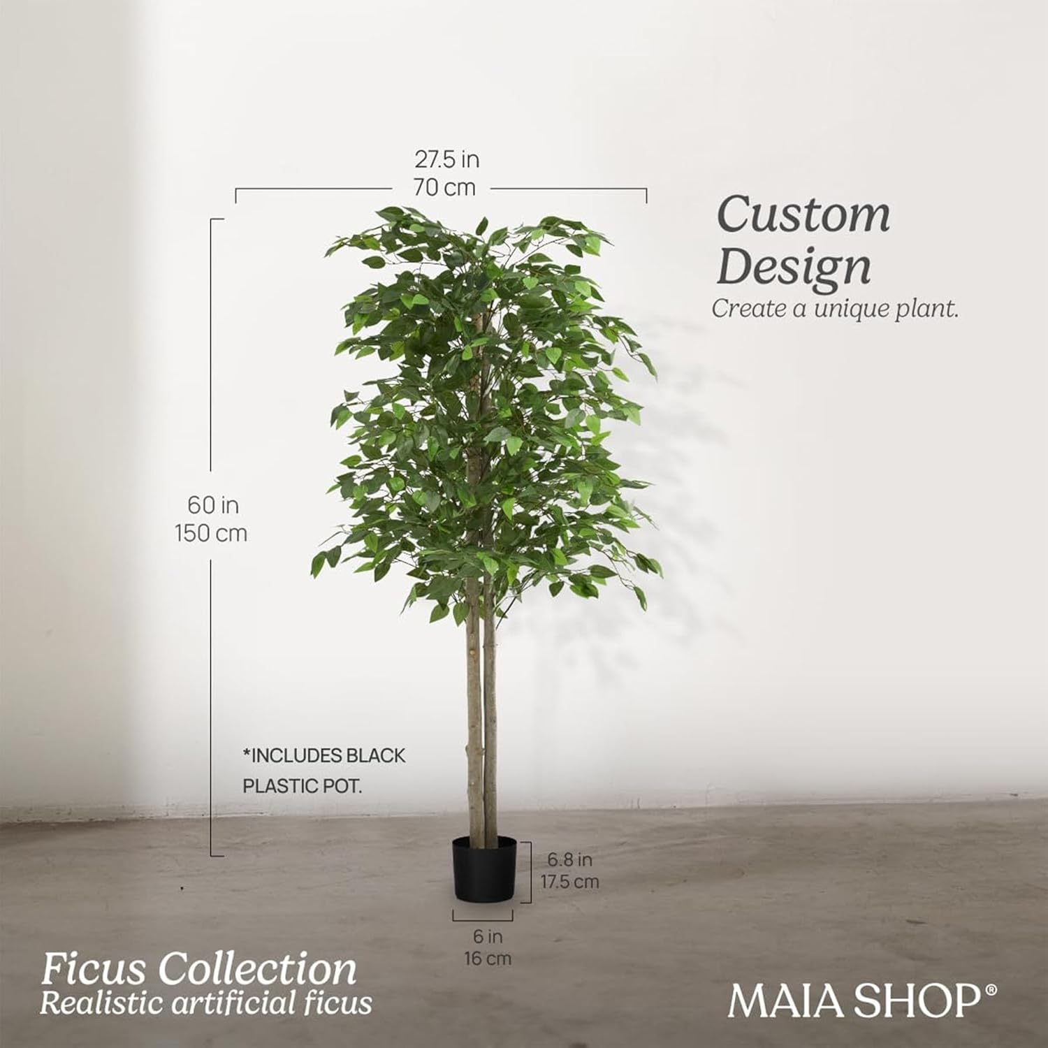 Maia Shop Artificial Tree Plant for House, Apartment or Office – Realistic Fake Indoor Plants for Living Room, Kitchen, Bedroom, Entryway, 5ft, Ficus