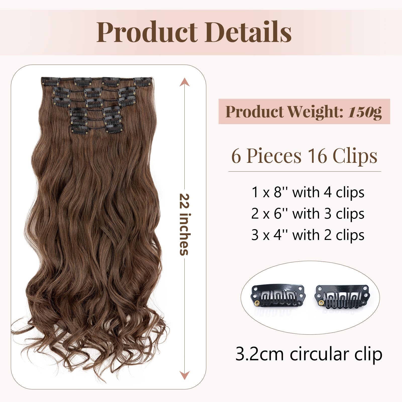 TESS Curly Hair Extensions Clip in 22 Inch 6PCS 16 Clips Heat Resistant Synthetic Wig Tangle-Free Double Weft Hair Pieces for Women UK 150g #2/30 Mix Dark Brown & Light Auburn - Image 3