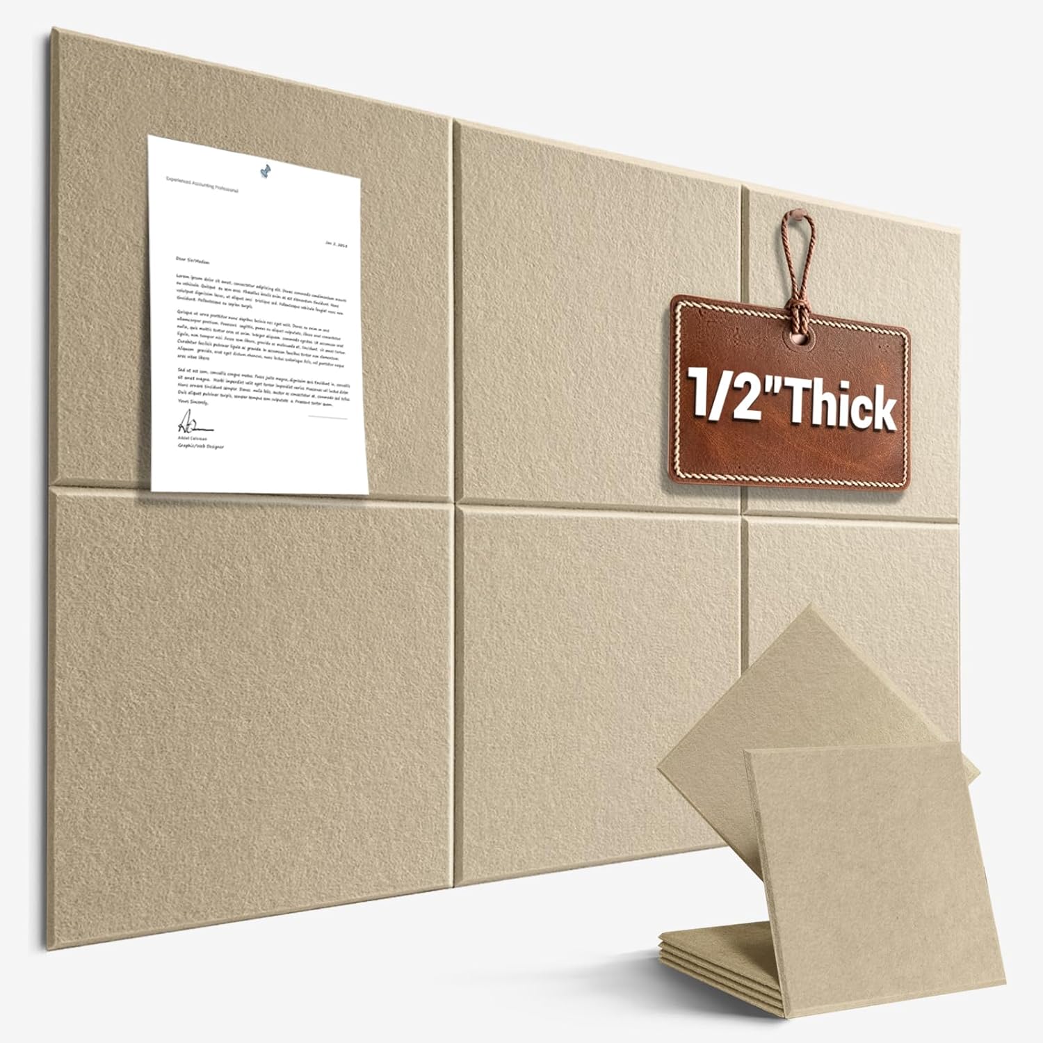 Large Cork Board for Office Wall Decor,36"x24"-6 Pack Felt Wall Tiles with Safe Removable Adhesive Tabs, 1/2" Thick, Felt Bulletin Board Pin Board Cork Boards for Walls - Tan