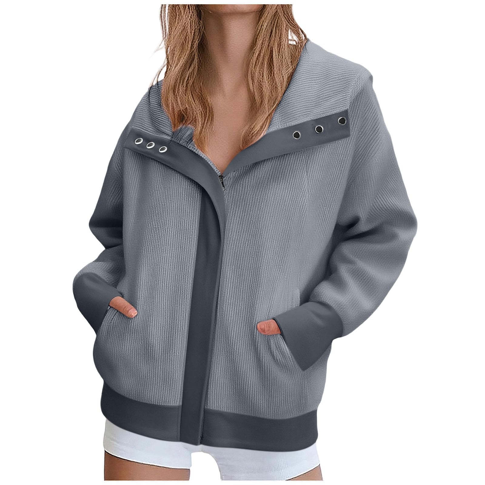 Generisch Cord Jacke Damen Übergangsjacke Grau Cordjacke Mit Kapuze Mantel