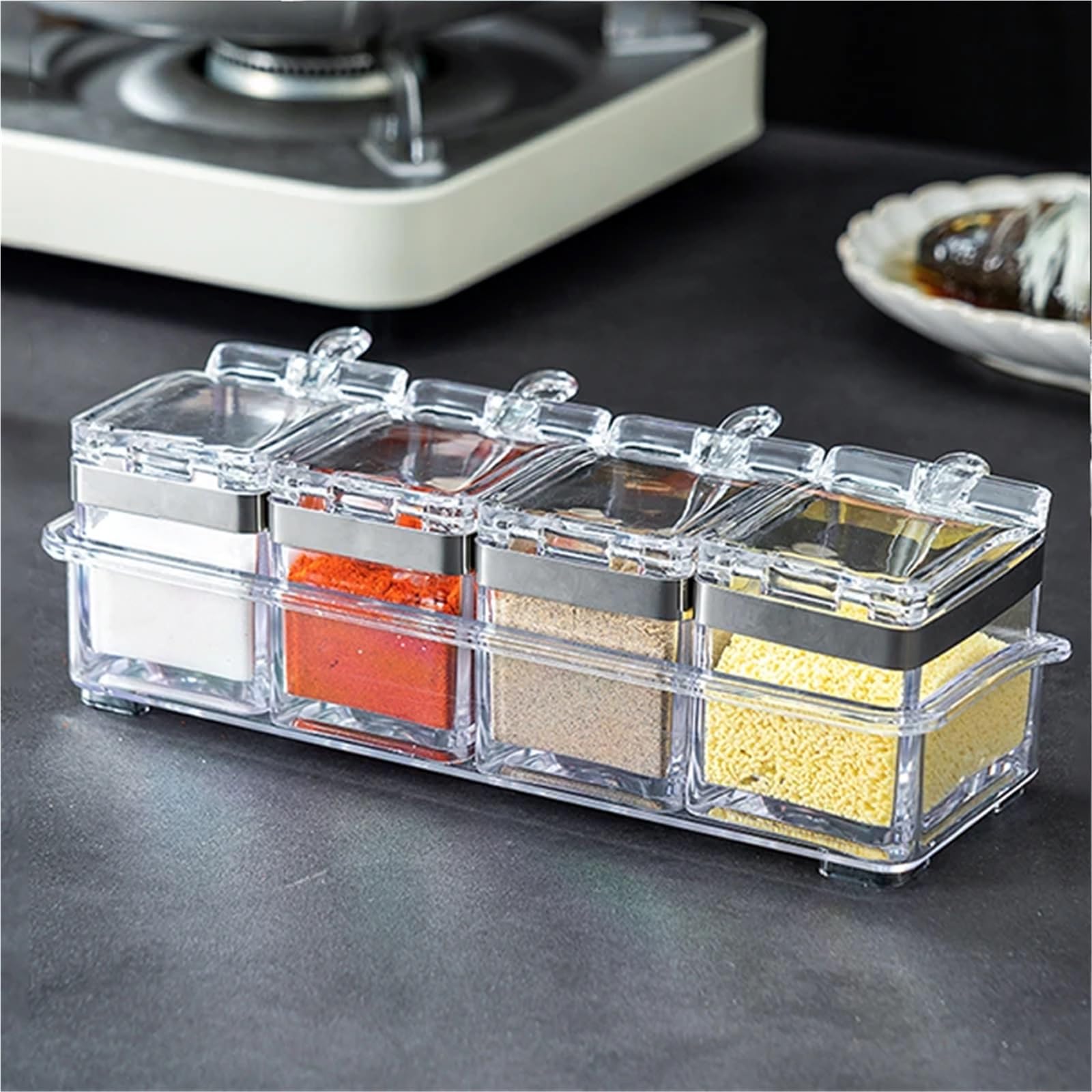 GewüRzbox Gewürzbox, Set mit 4 Kristall-Gewürz-Aufbewahrungsbehältern mit Löffel, durchsichtigem Gewürzregal, Gewürztöpfen for Pfeffergewürze FüR GewüRze Zucker Salz Pfeffer