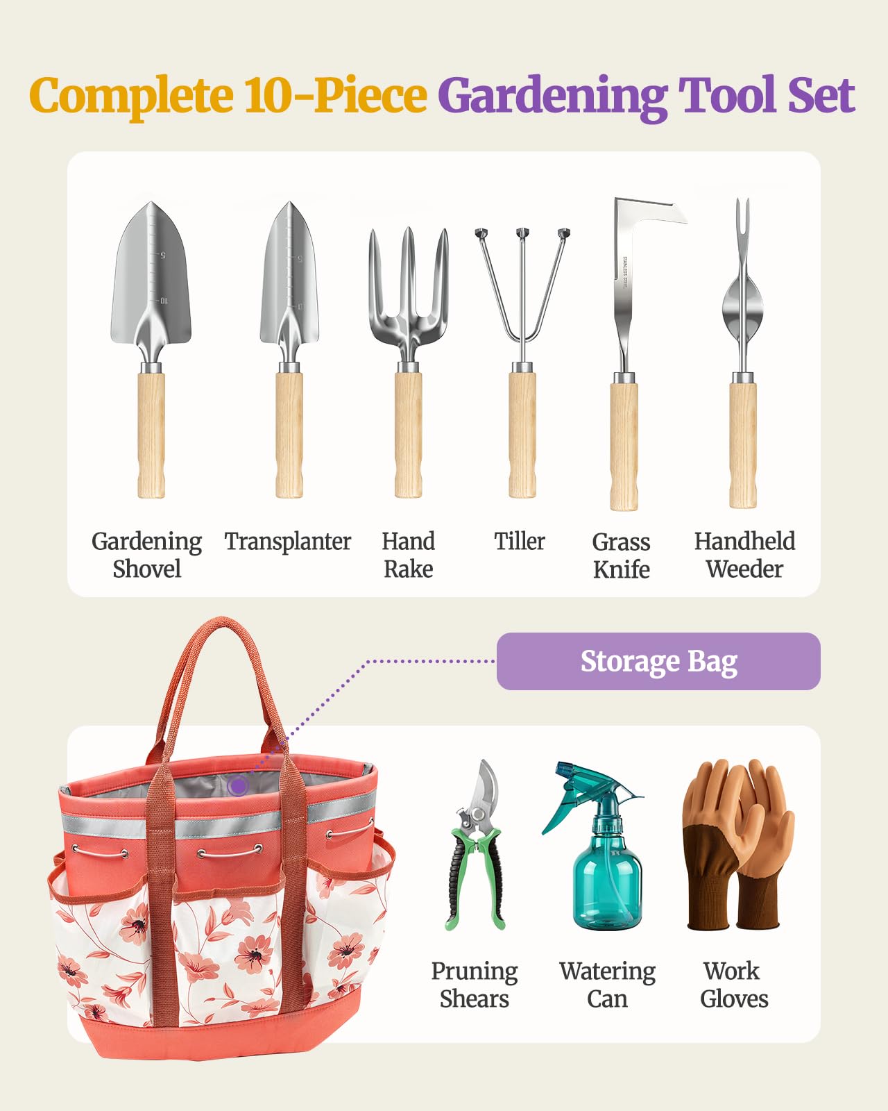 Lot de 10 outils à main de jardin résistants à la rouille, sac à main tendance et robuste, cadeau de jardinage pour femme, rose