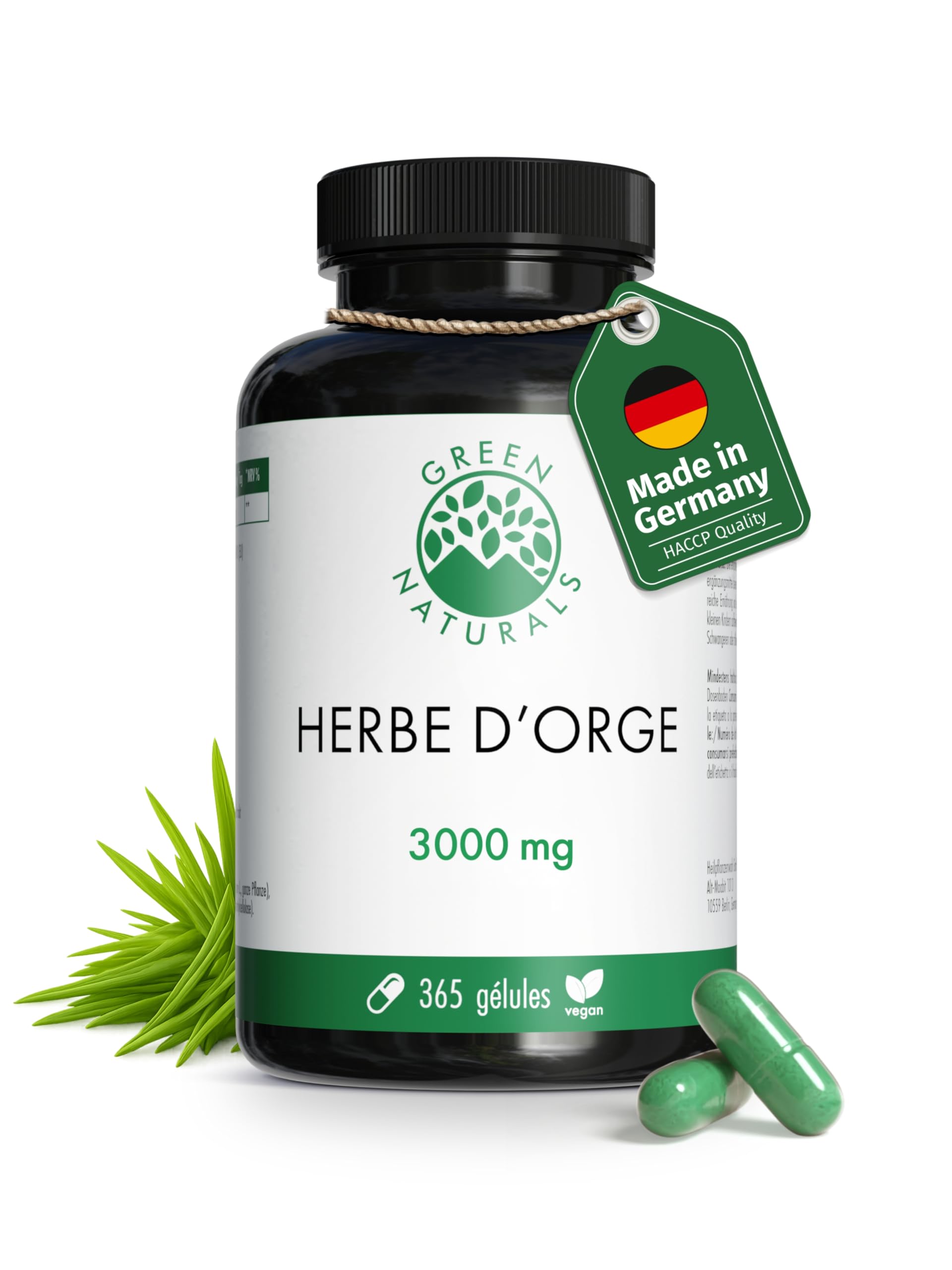 Herbe d'orge gélules naturelles et pures - Dosage élevé: 3.000 mg avec extrait 10:1-365 capsules (3 mois) - Qualité premium d'Allemagne - Végan et testé en laboratoire - Green Naturals®