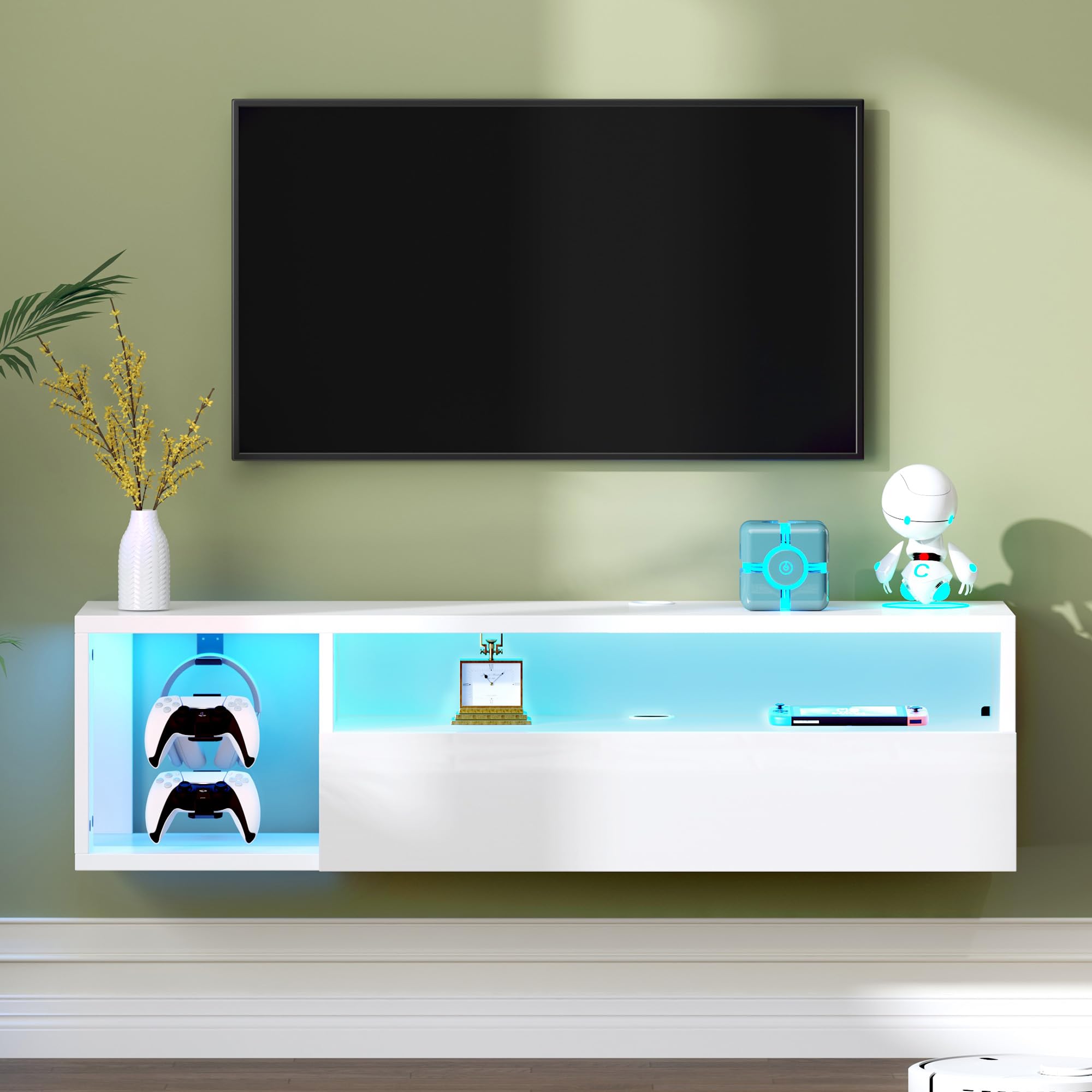 SogesPower LED TV-Konsole wandmontiert mit Beleuchtung LED TV-Ständer mit Aufbewahrung, Schwebendes Regal für Wohnzimmer & Schlafzimmer |Weiß 100x28.5x30 cm