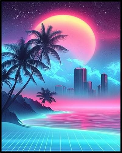 Posterizer 1 pcs - funky 1980s synthwave festival poster inspired - neon grids -3 - Retro Art - Gift for Men Women Teens - Decor for Home & Office -