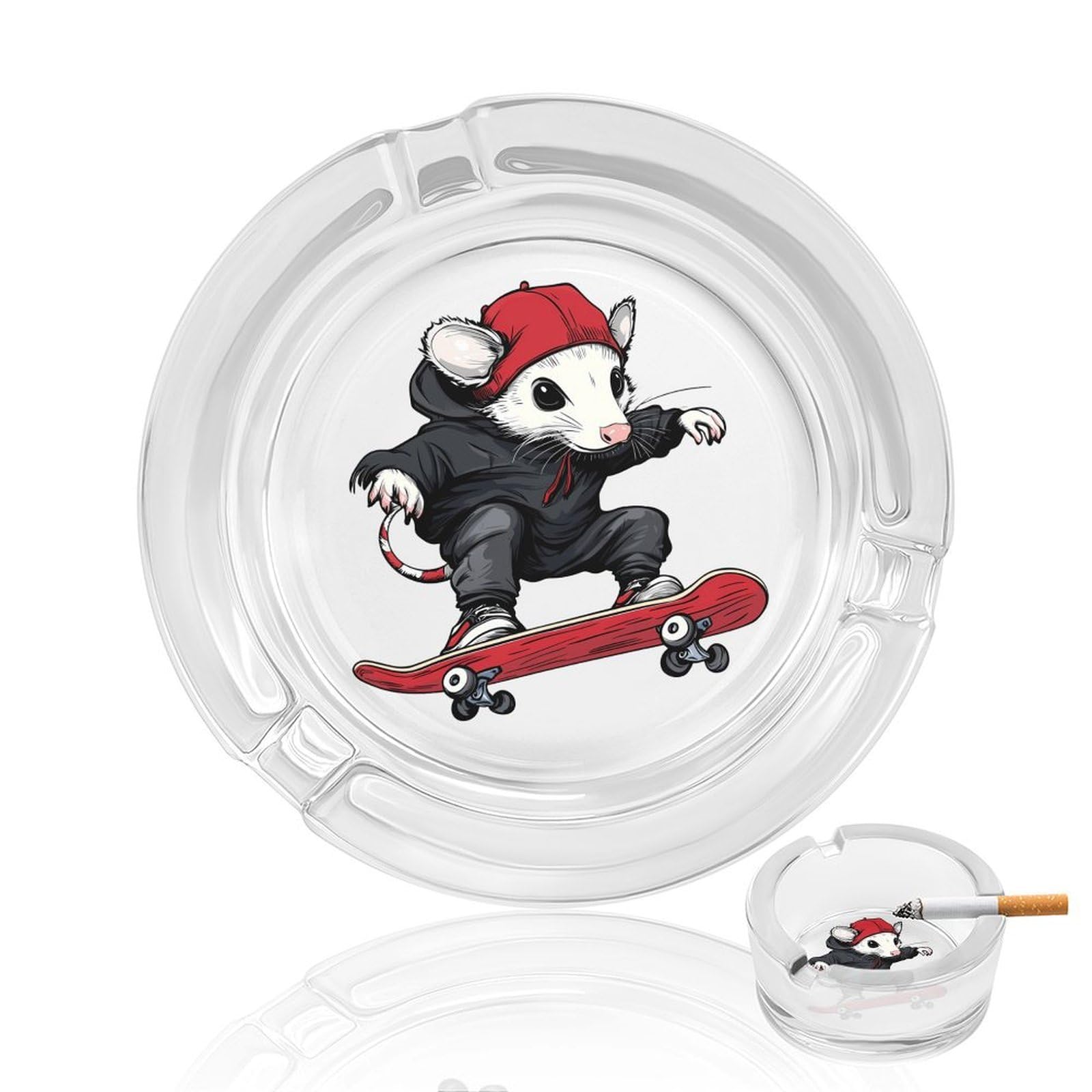 Opossum Skateboard Possum Skater Ashtray Portable Round Glass Outdoor Ash Tray for Home Office Garden Pub
