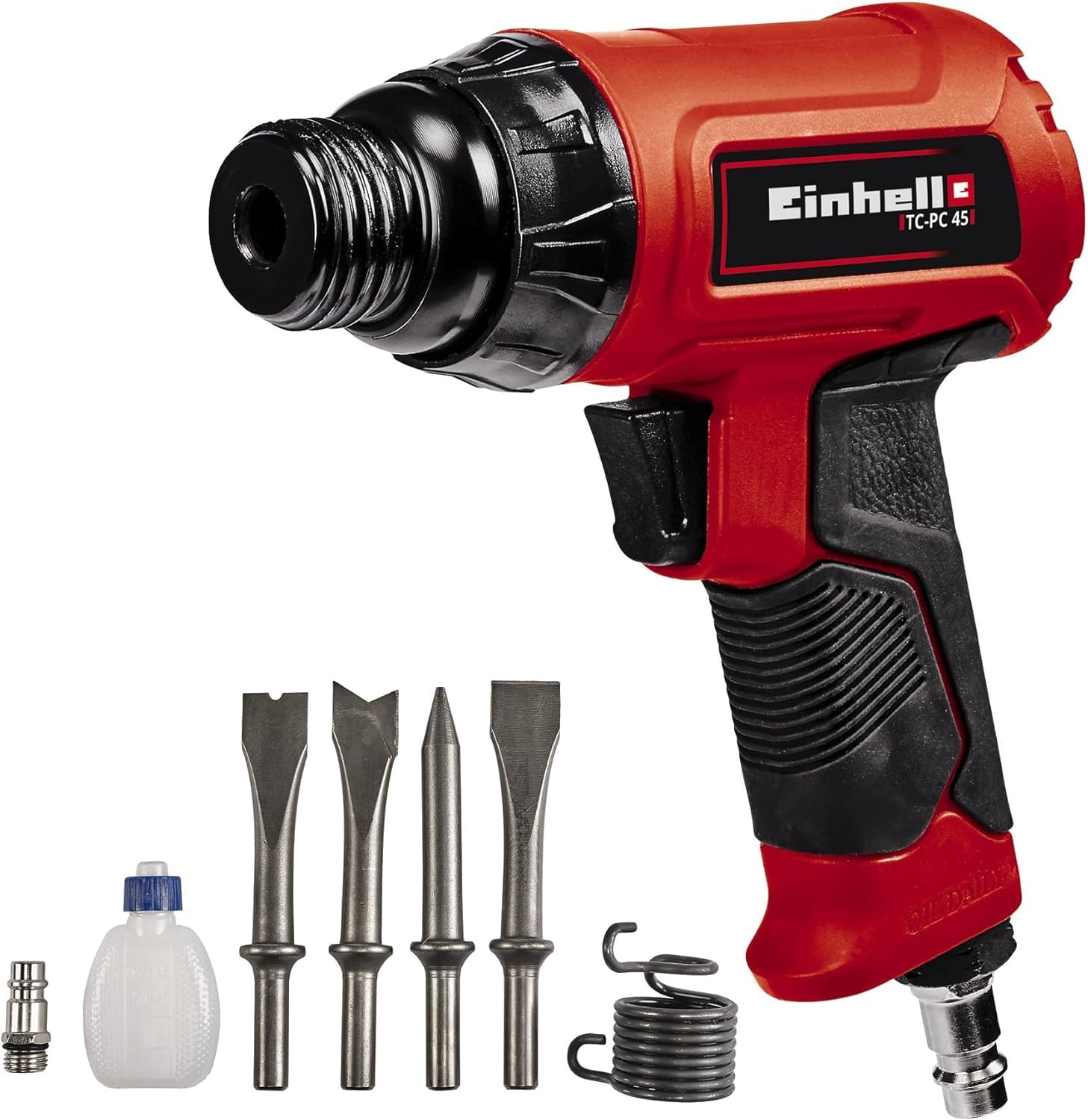 Einhell Cinceladora neumática TC-PC 45 (para trabajos en piedra y metal, incluye juego de cinceles de 120 mm de 4 piezas, botella de aceite, boquilla, muelle tensor)